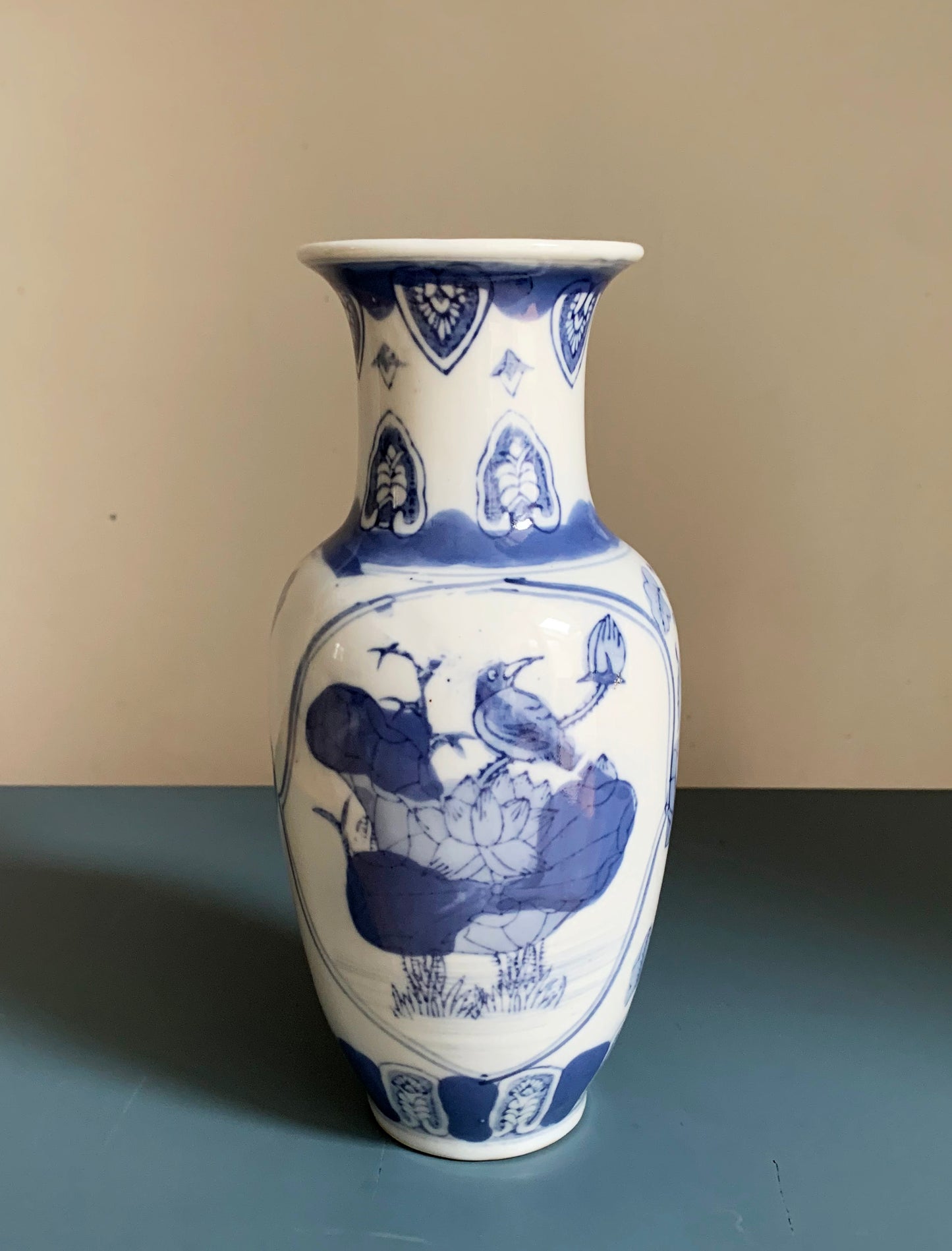 Vintage Chinoiserie Blue & White Porcelain Vase with Bird & Floral Details, VGC