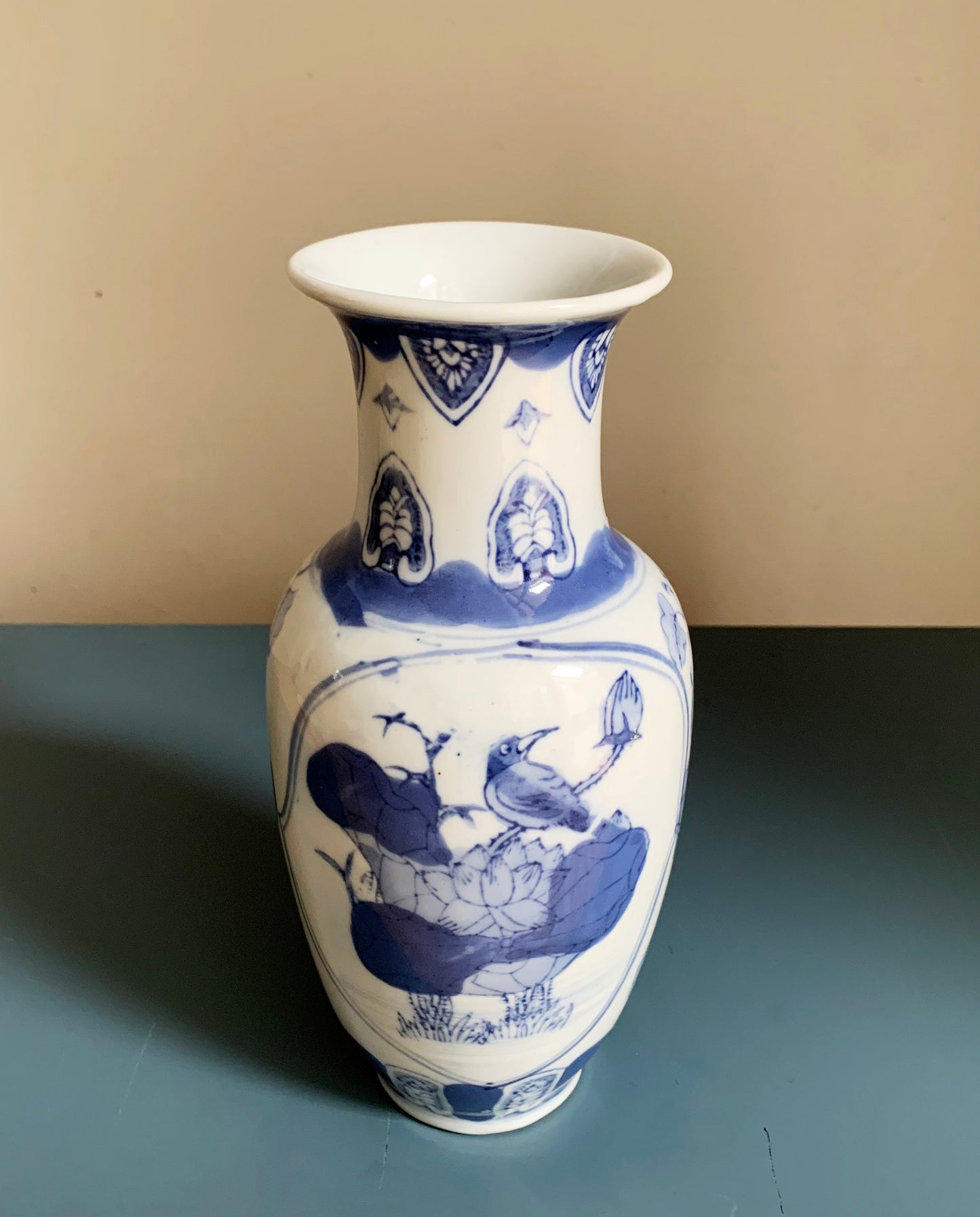Vintage Chinoiserie Blue & White Porcelain Vase with Bird & Floral Details, VGC