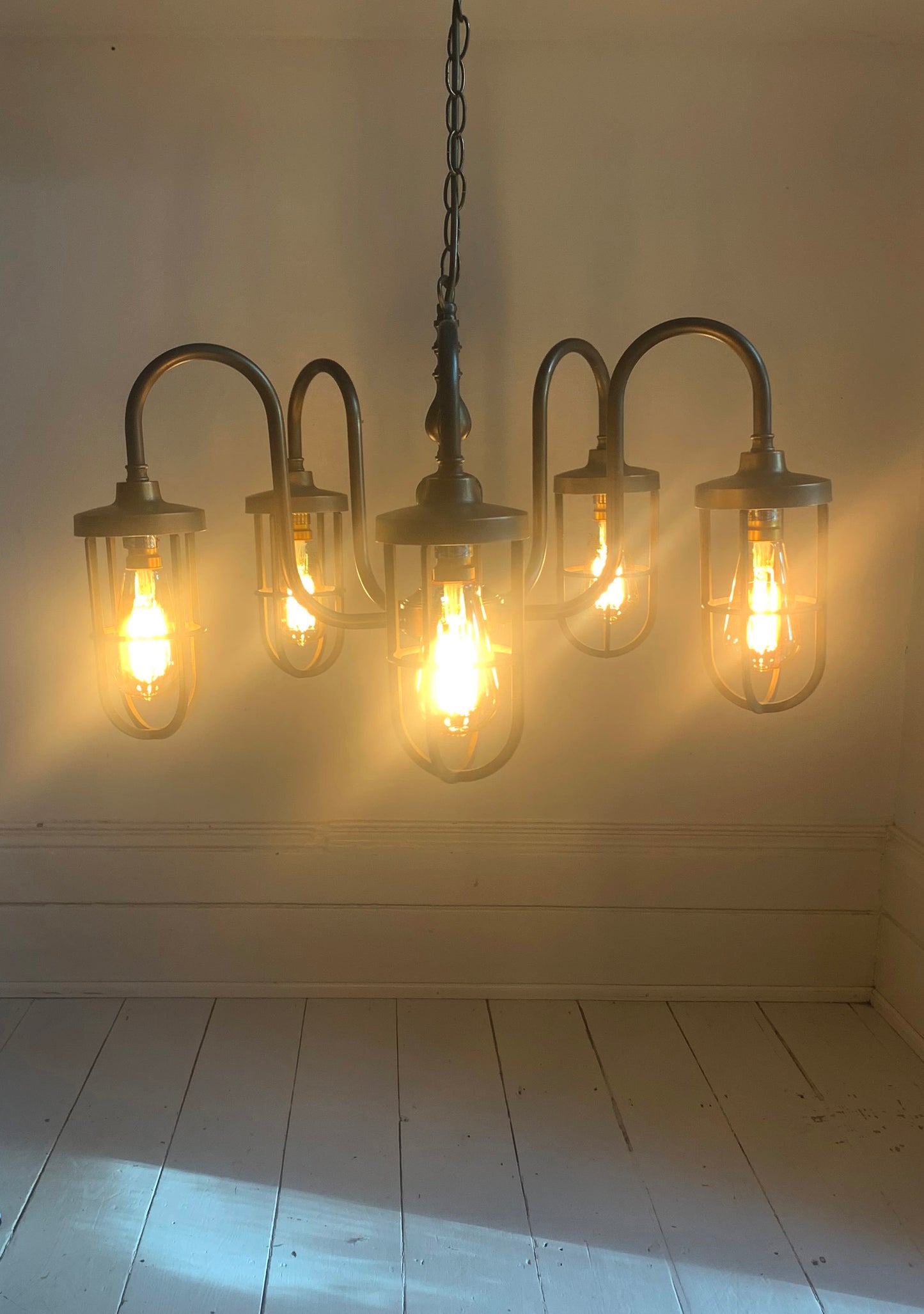 Five Arm Chandelier Pendant Light, Caged Filament Bulbs, Industrial, Steam Punk