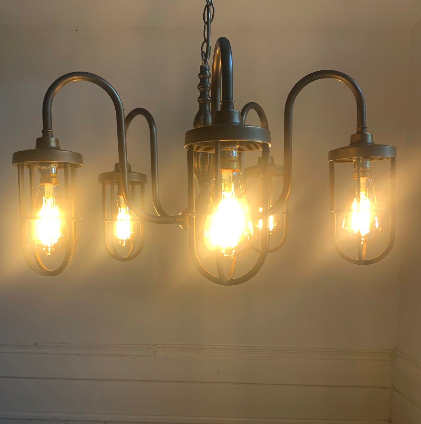 Five Arm Chandelier Pendant Light, Caged Filament Bulbs, Industrial, Steam Punk