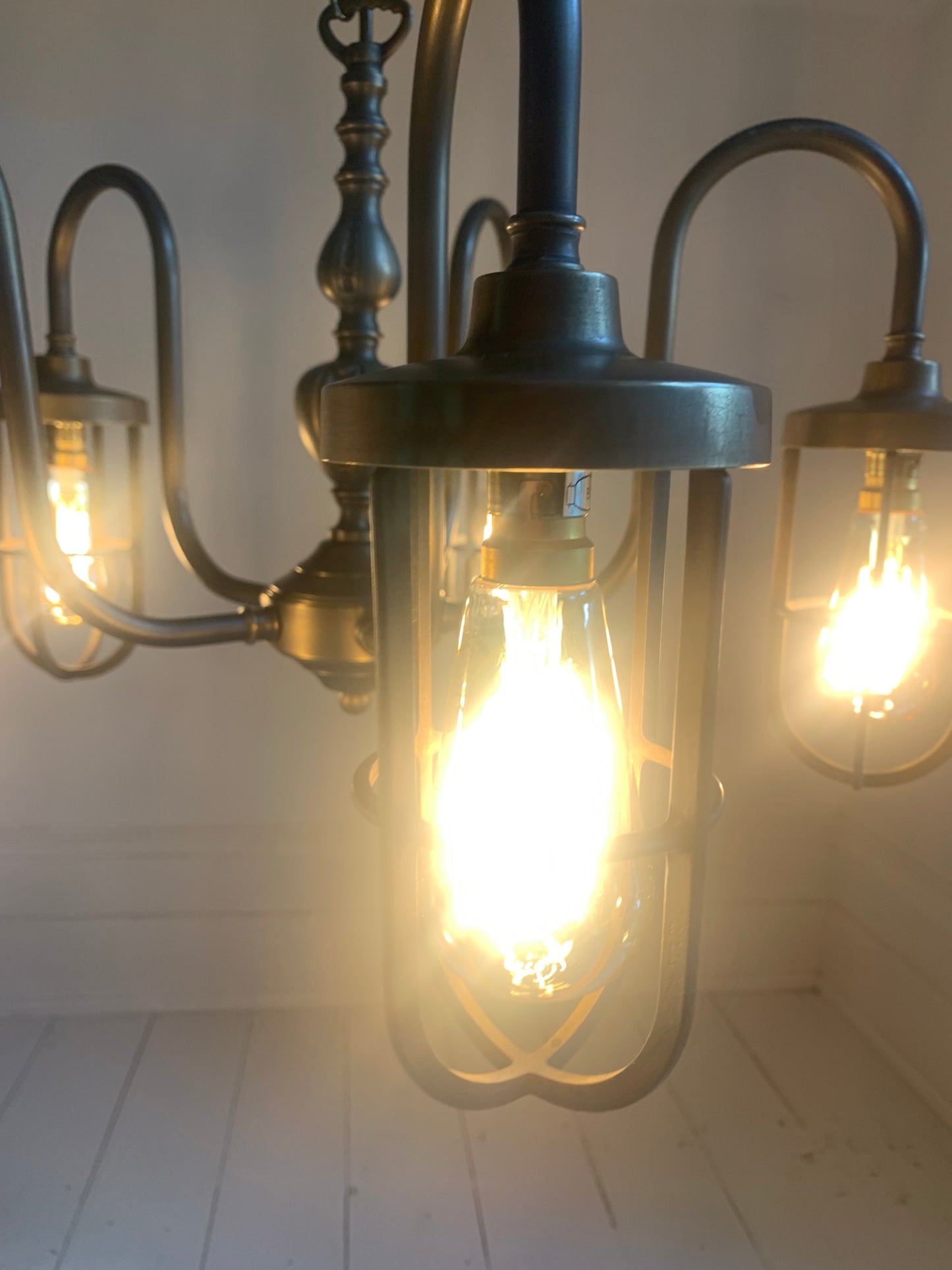 Five Arm Chandelier Pendant Light, Caged Filament Bulbs, Industrial, Steam Punk