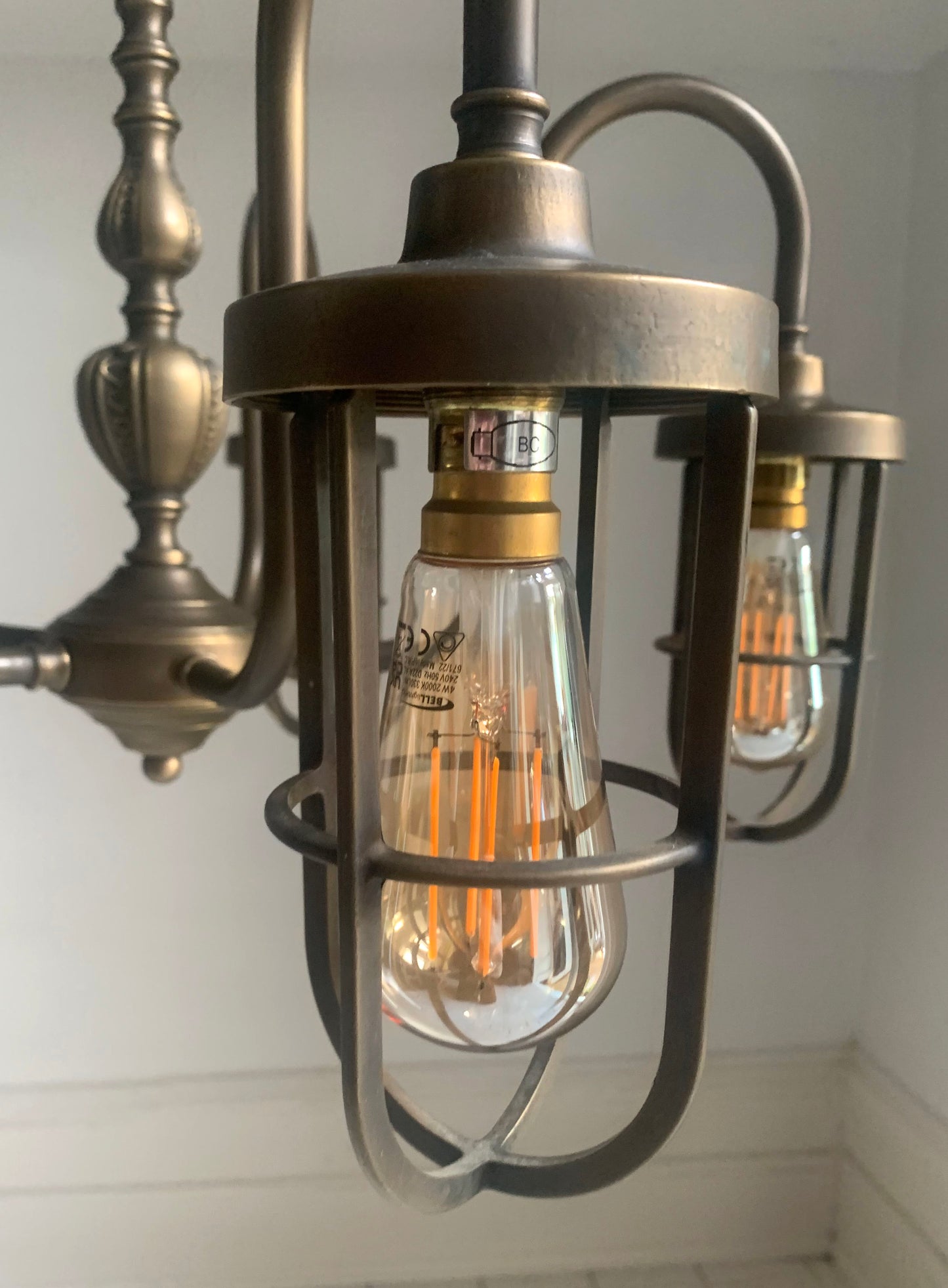 Five Arm Chandelier Pendant Light, Caged Filament Bulbs, Industrial, Steam Punk
