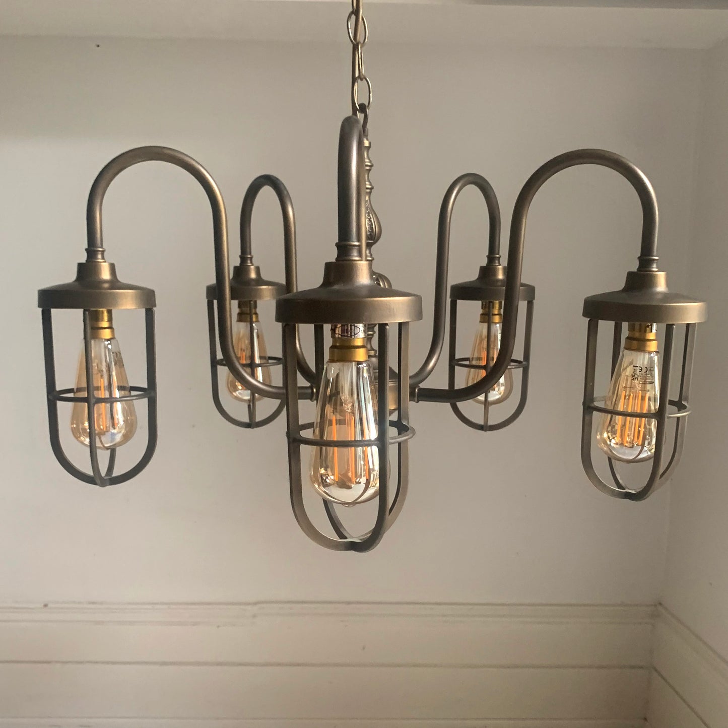 Five Arm Chandelier Pendant Light, Caged Filament Bulbs, Industrial, Steam Punk
