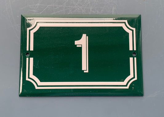 Green French Enamel # 1 Door Number / Plaque - White on Dark Green