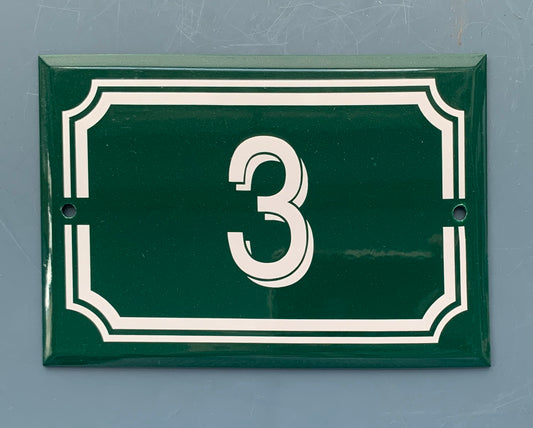 Green French Enamel # 3 Door Number / Plaque - White on Dark Green