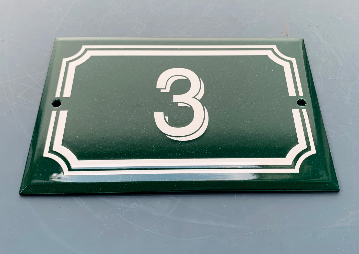 Green French Enamel # 3 Door Number / Plaque - White on Dark Green