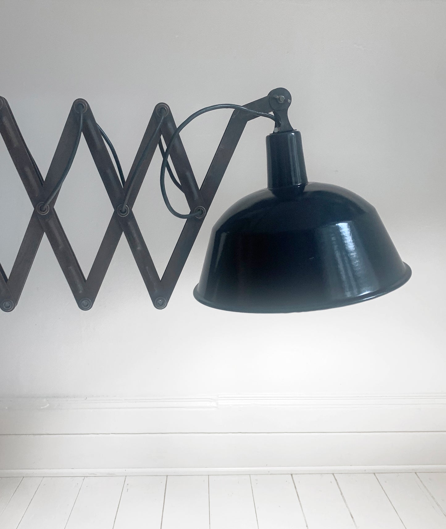 Large Vintage French Black Enamel Industrial Scissor Lamp / 1.9m Scissor Reach