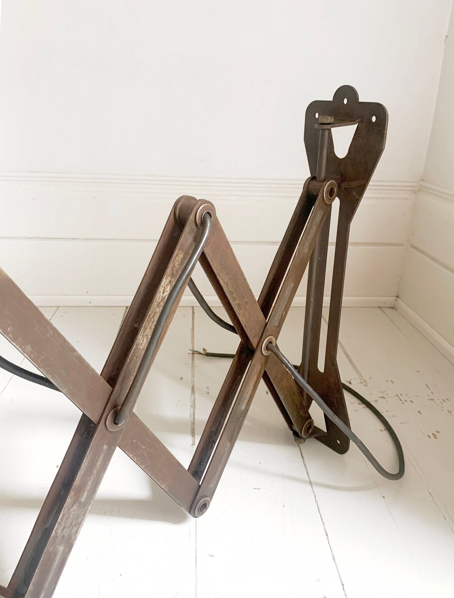 Large Vintage French Black Enamel Industrial Scissor Lamp / 1.9m Scissor Reach
