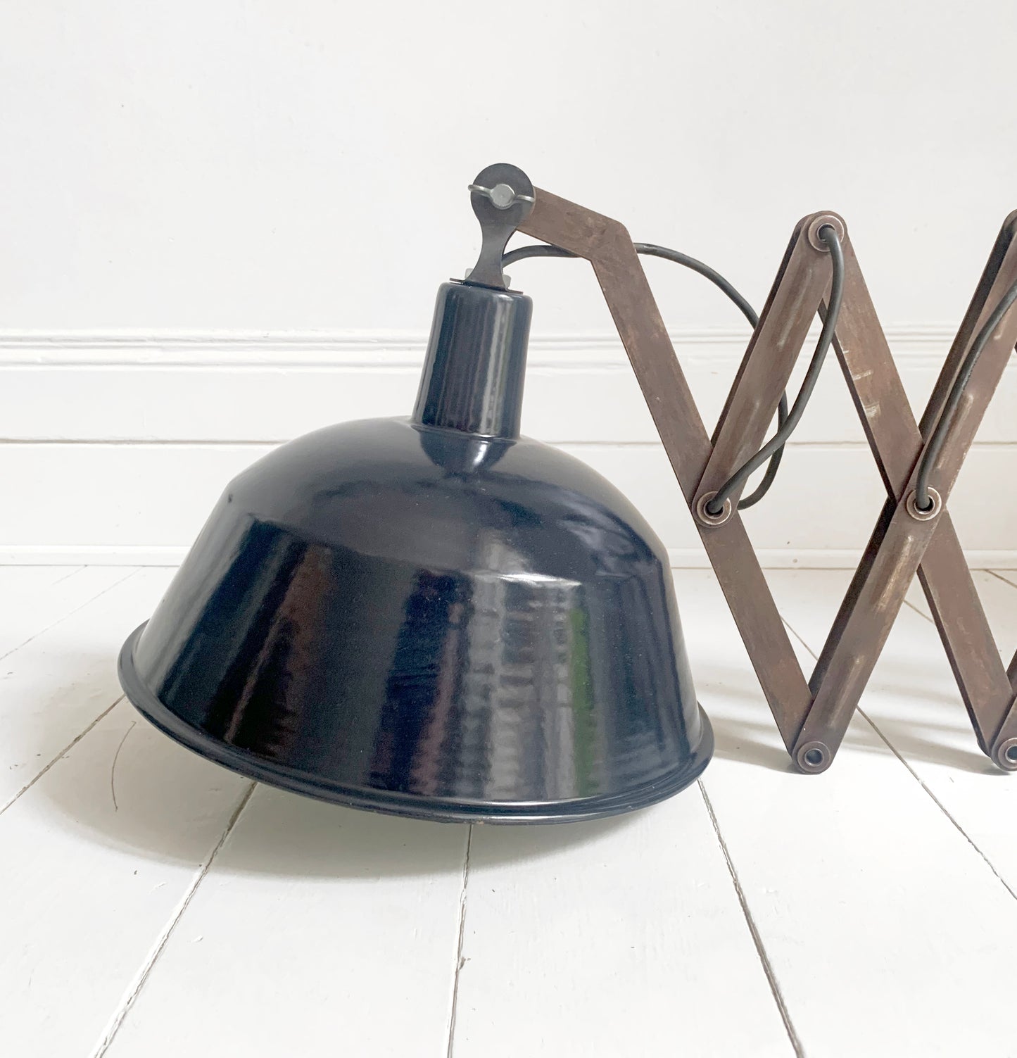 Large Vintage French Black Enamel Industrial Scissor Lamp / 1.9m Scissor Reach