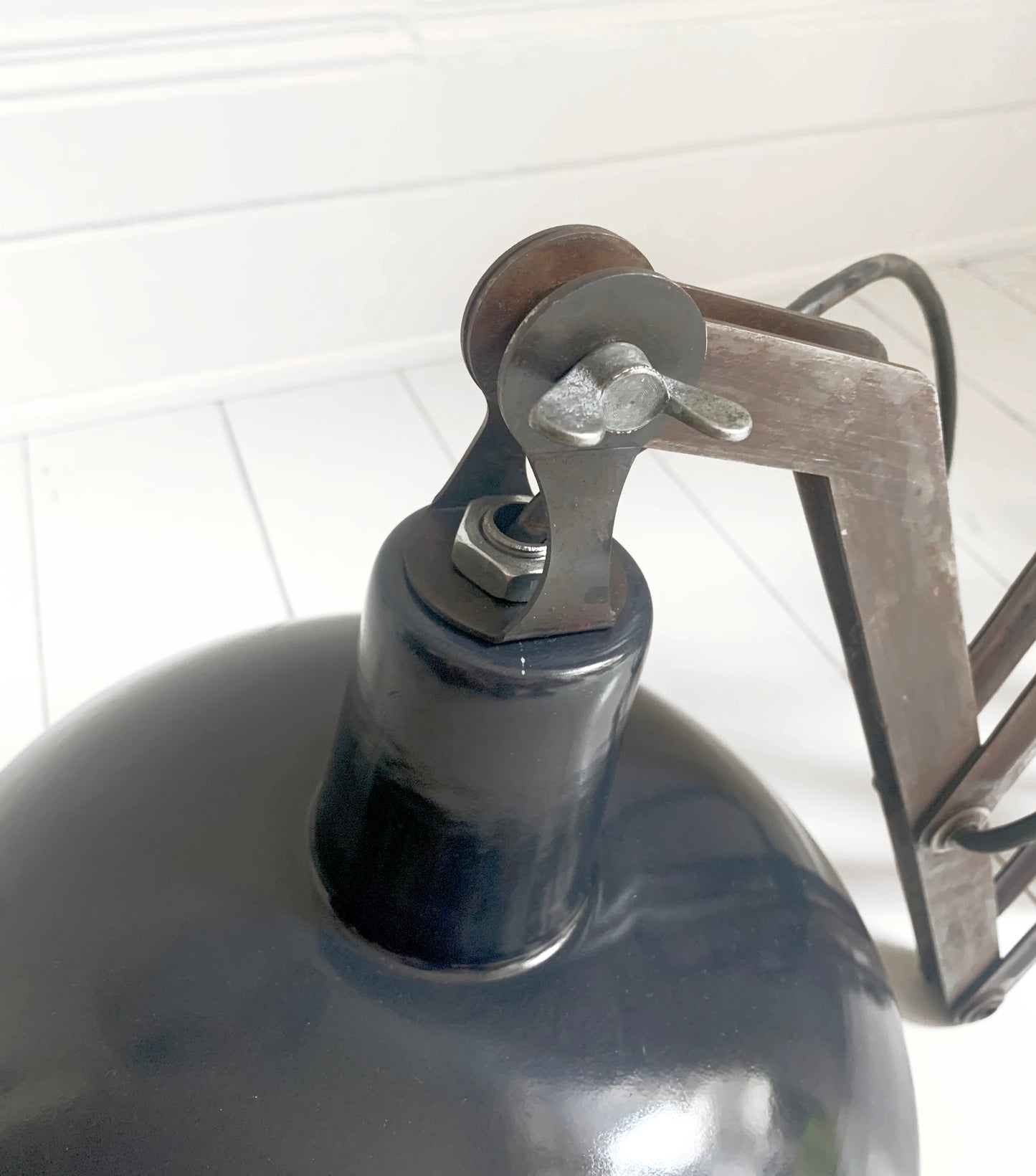 Large Vintage French Black Enamel Industrial Scissor Lamp / 1.9m Scissor Reach