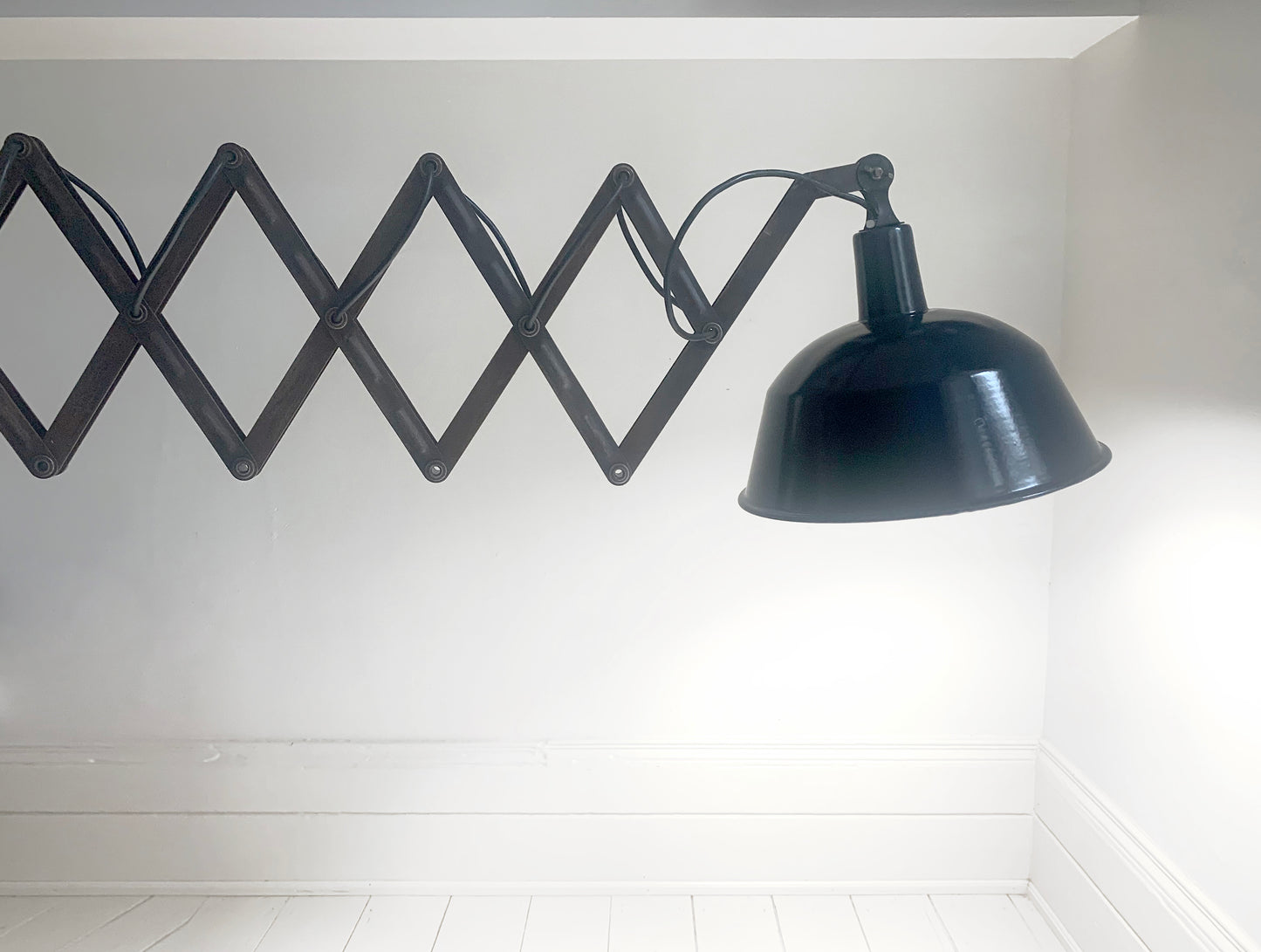 Large Vintage French Black Enamel Industrial Scissor Lamp / 1.9m Scissor Reach