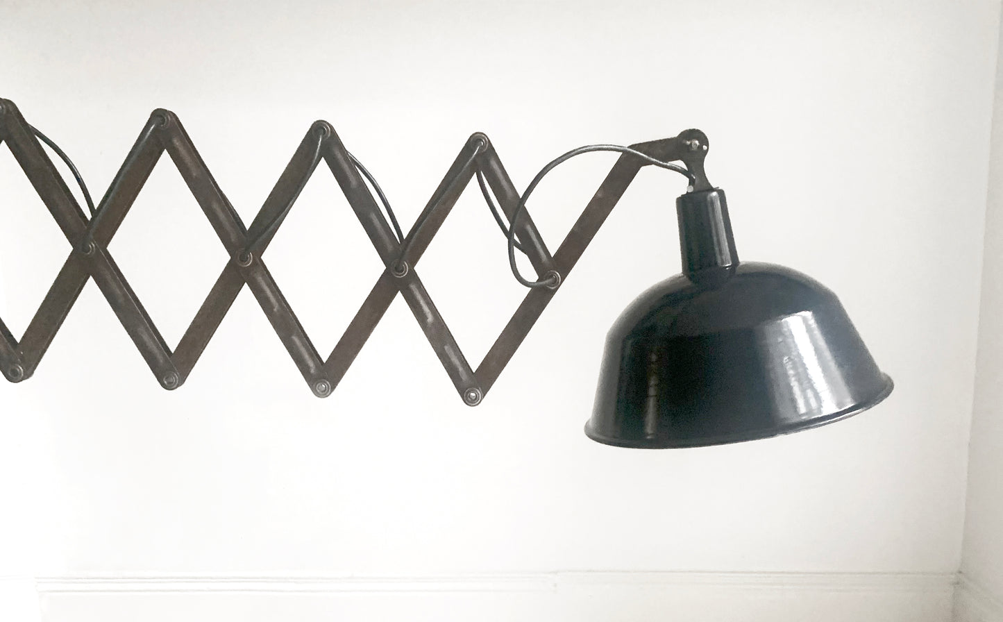 Large Vintage French Black Enamel Industrial Scissor Lamp / 1.9m Scissor Reach