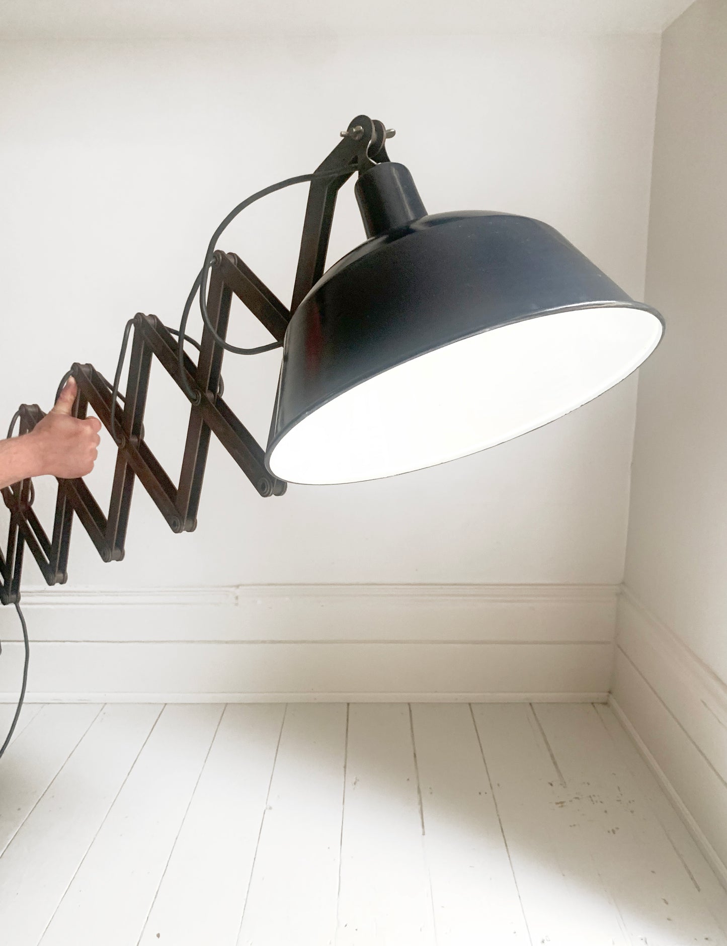 Large Vintage French Black Enamel Industrial Scissor Lamp / 1.9m Scissor Reach