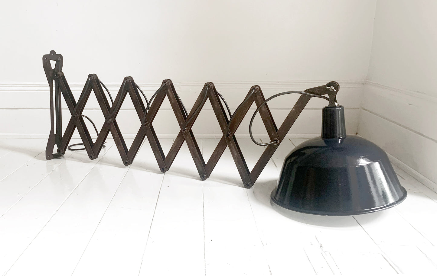 Large Vintage French Black Enamel Industrial Scissor Lamp / 1.9m Scissor Reach