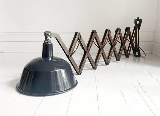 Large Vintage French Black Enamel Industrial Scissor Lamp / 1.9m Scissor Reach
