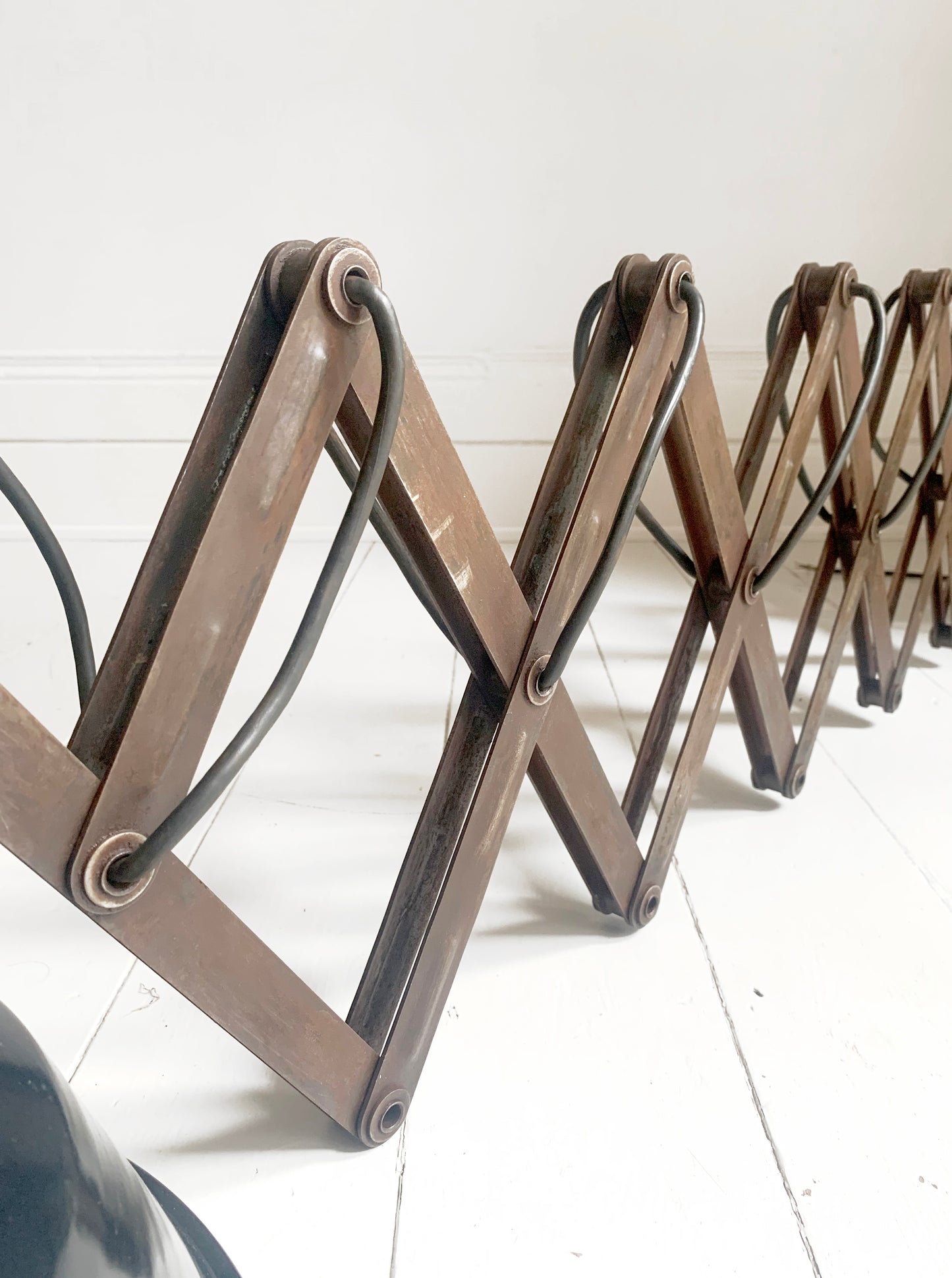 Large Vintage French Black Enamel Industrial Scissor Lamp / 1.9m Scissor Reach