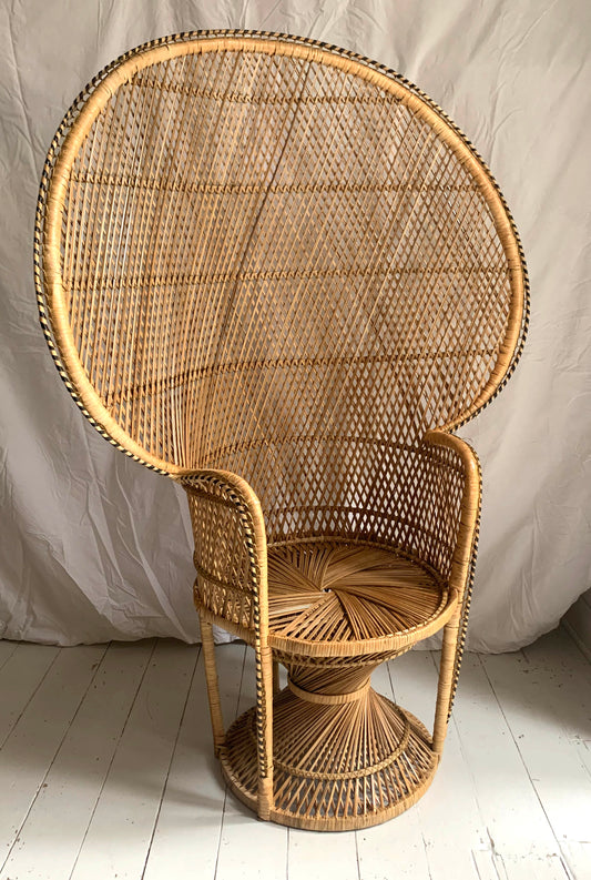 Vintage 1970s Large Rattan & Wicker Peacock Emmanuelle Chair with Twisted Base