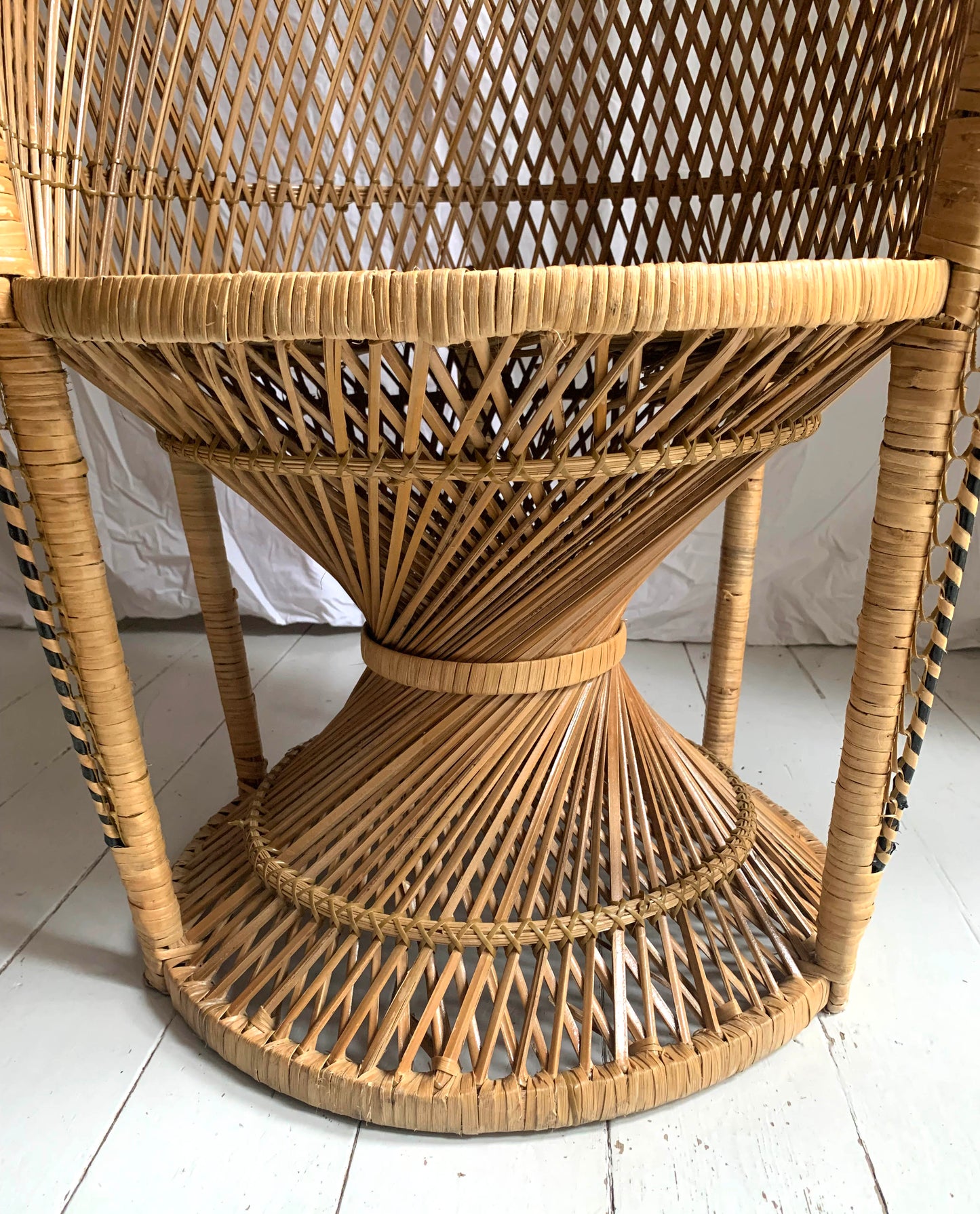 Vintage 1970s Large Rattan & Wicker Peacock Emmanuelle Chair with Twisted Base