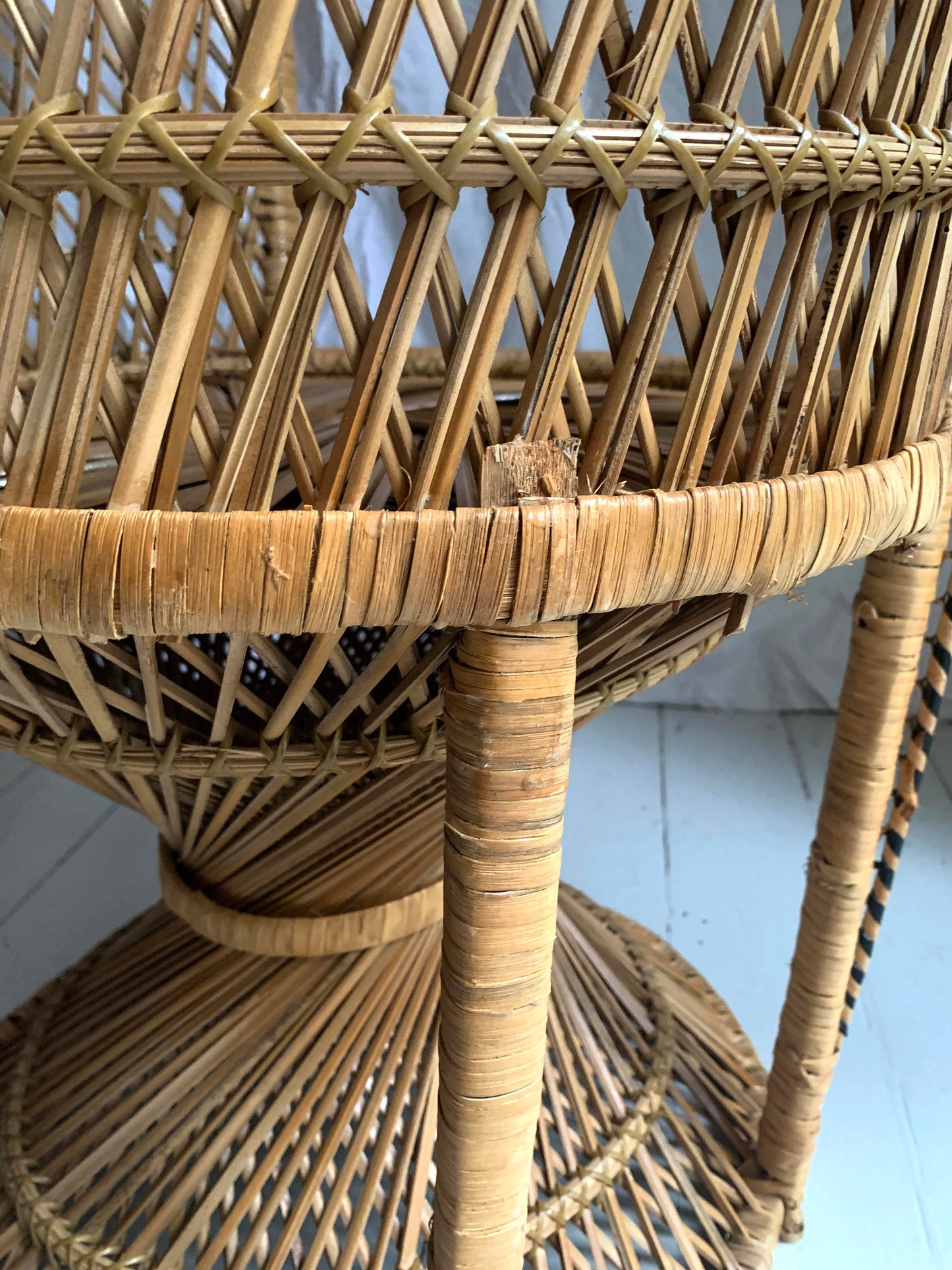 Vintage 1970s Large Rattan & Wicker Peacock Emmanuelle Chair with Twisted Base