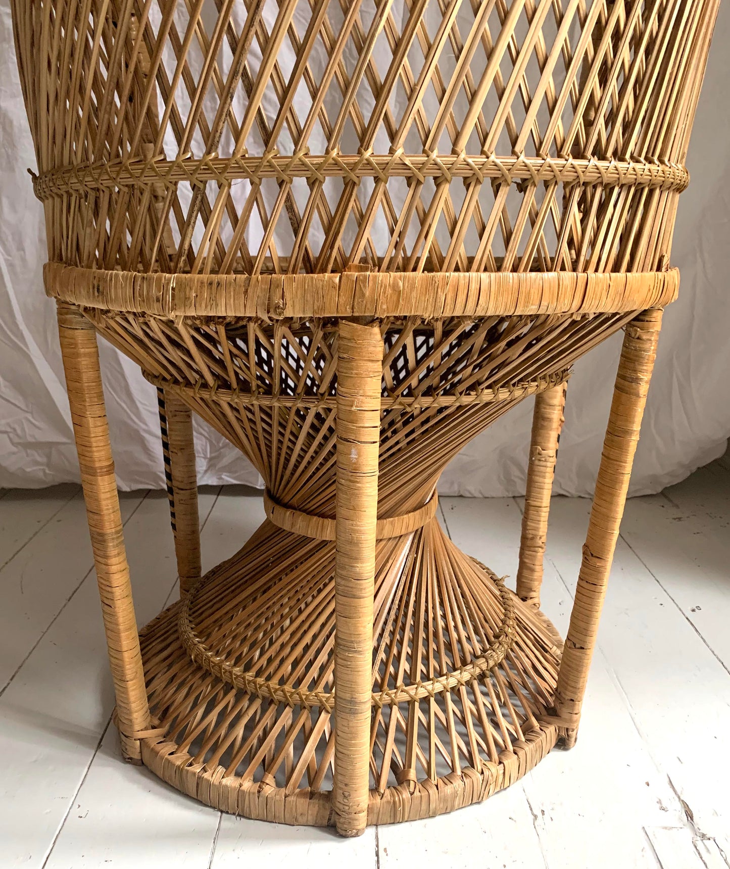 Vintage 1970s Large Rattan & Wicker Peacock Emmanuelle Chair with Twisted Base