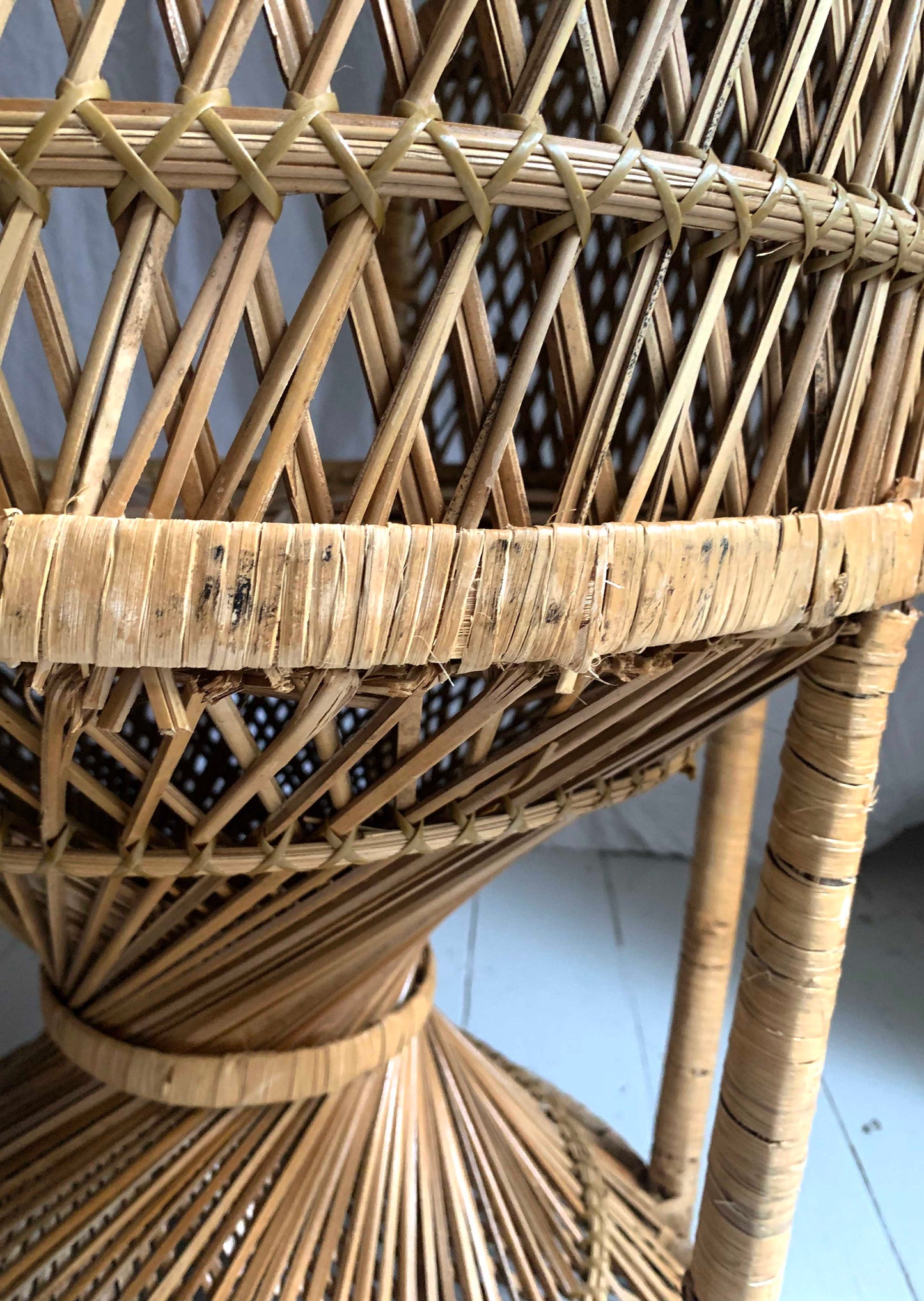 Vintage 1970s Large Rattan & Wicker Peacock Emmanuelle Chair with Twisted Base