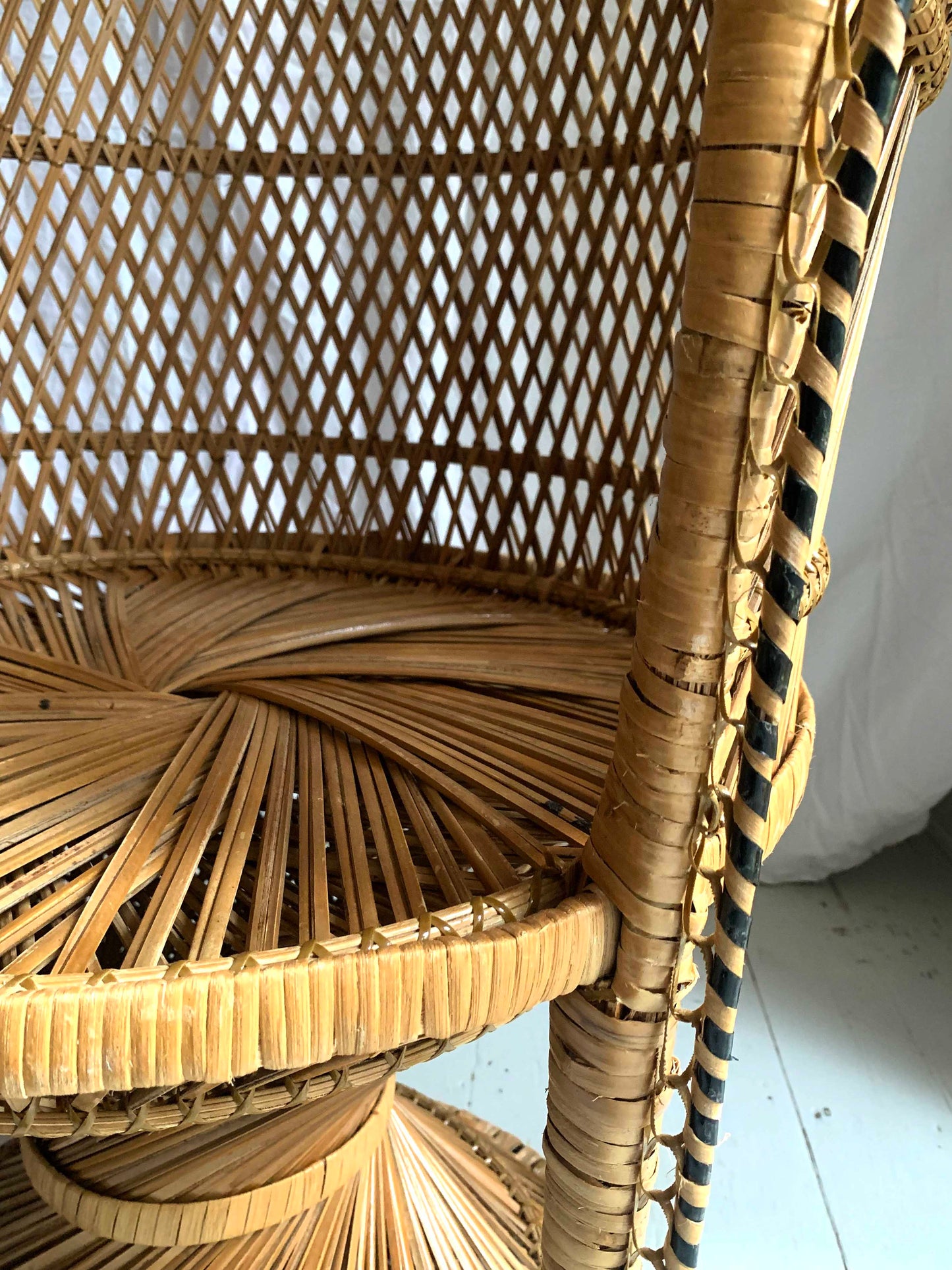 Vintage 1970s Large Rattan & Wicker Peacock Emmanuelle Chair with Twisted Base