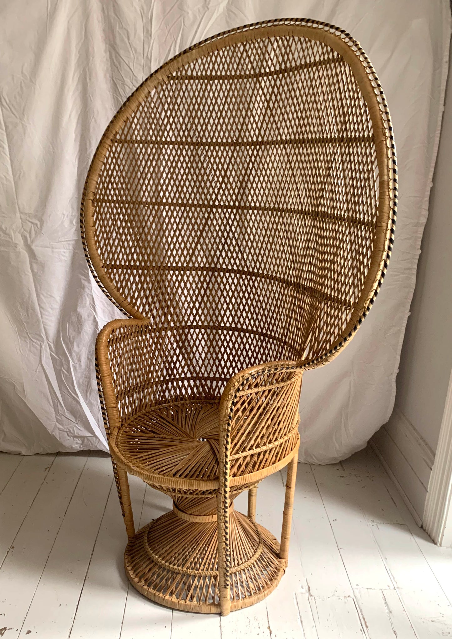 Vintage 1970s Large Rattan & Wicker Peacock Emmanuelle Chair with Twisted Base