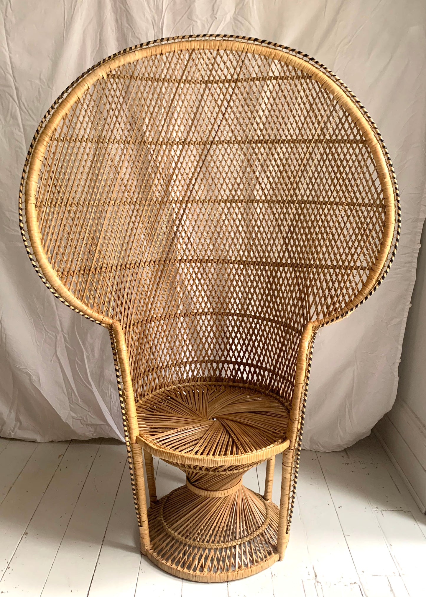 Vintage 1970s Large Rattan & Wicker Peacock Emmanuelle Chair with Twisted Base