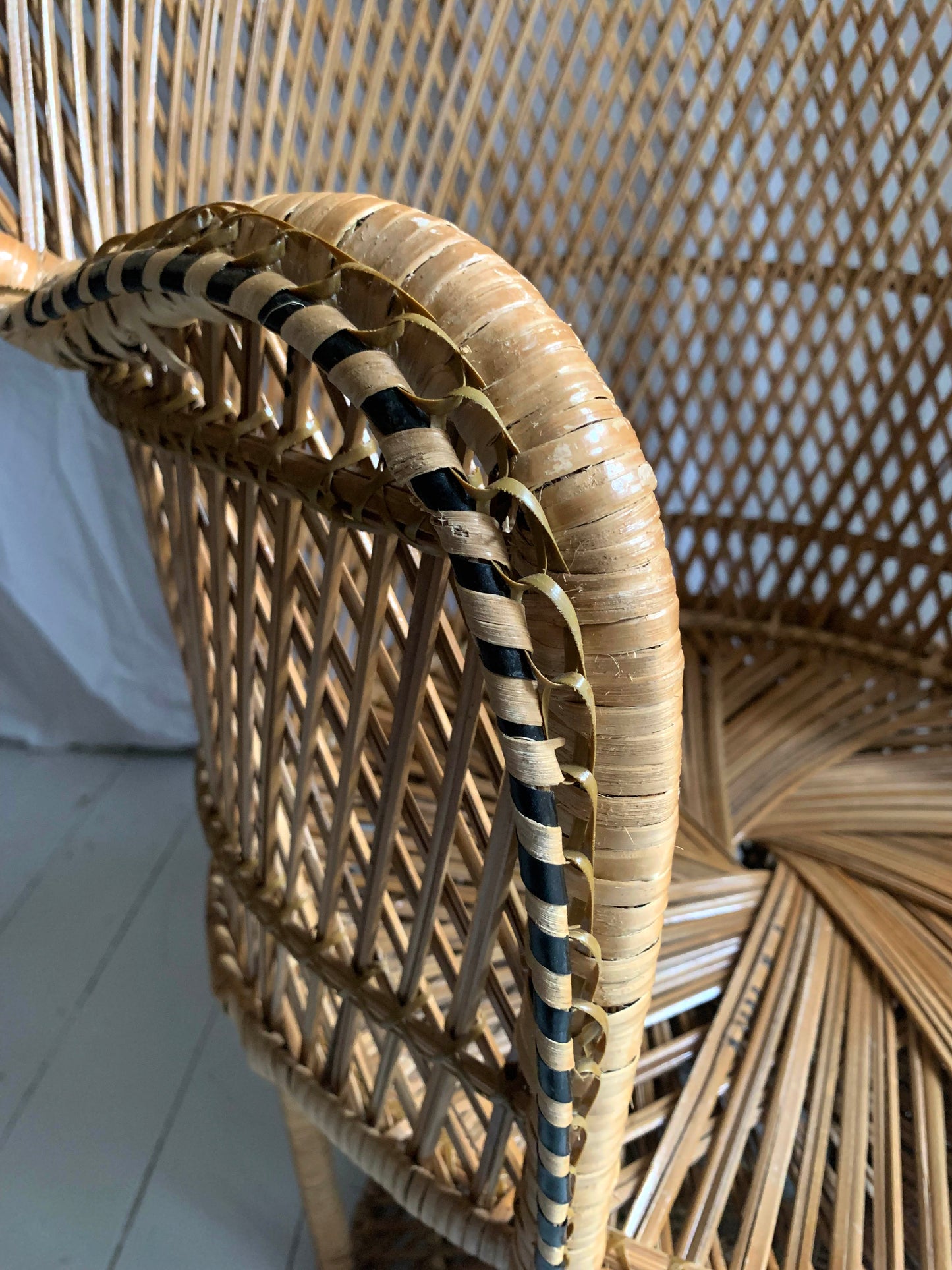Vintage 1970s Large Rattan & Wicker Peacock Emmanuelle Chair with Twisted Base