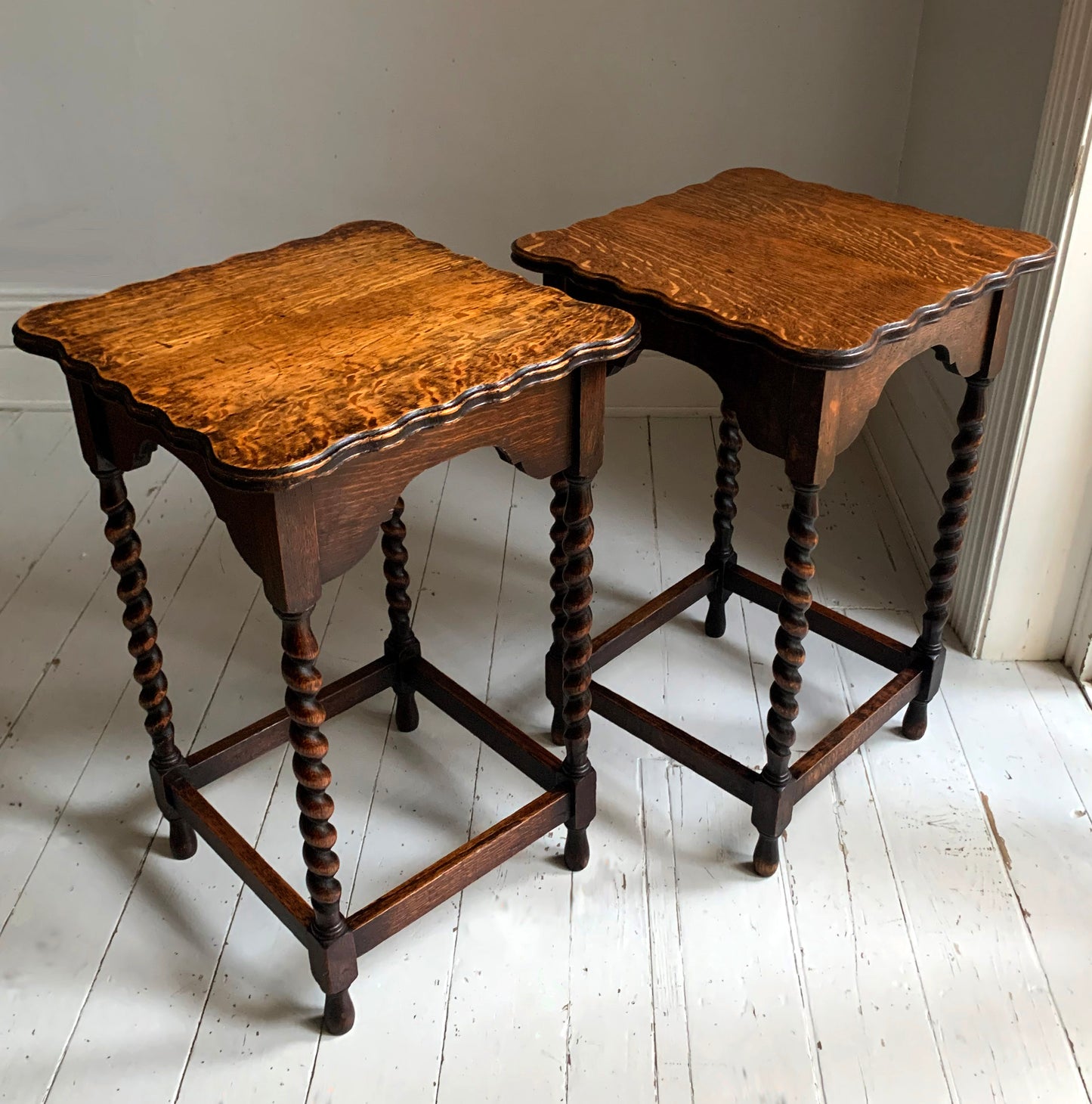 Pair of Antique Edwardian Oak Barley Twist Tall Side Tables w/ Pie Crust Edging