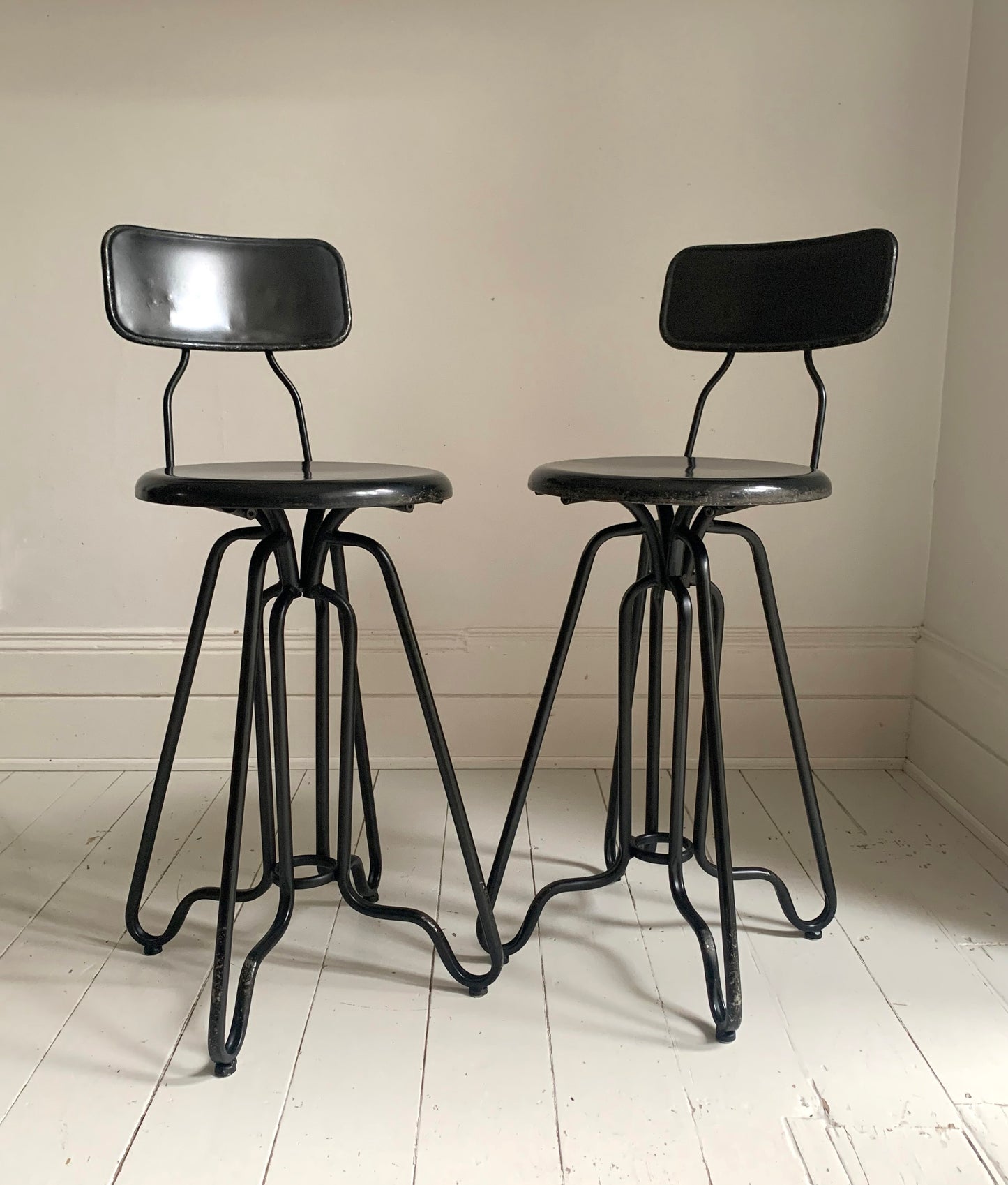 Pair of Black Dutch Bone Ovid Bar Stools - Industrial Metal