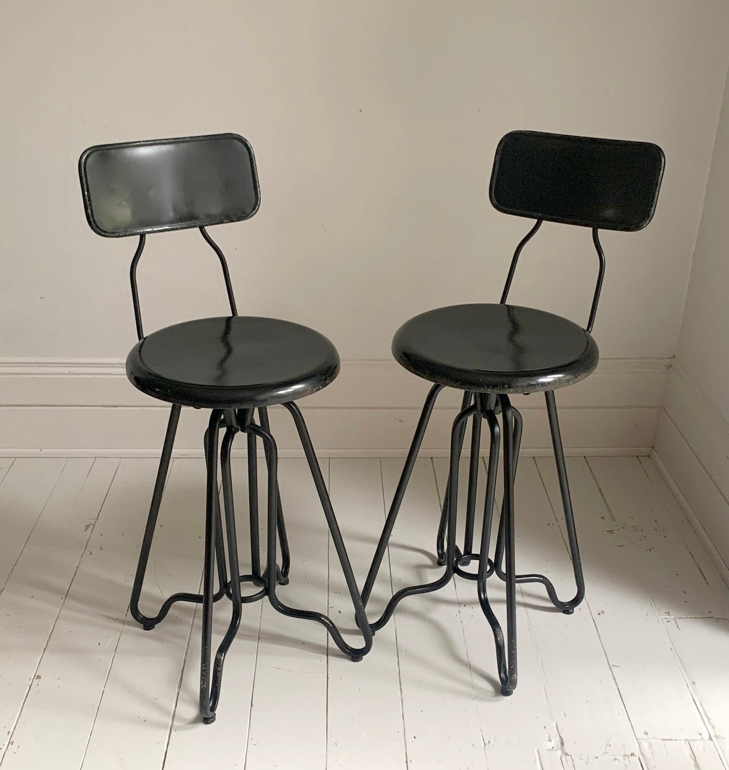 Pair of Black Dutch Bone Ovid Bar Stools - Industrial Metal