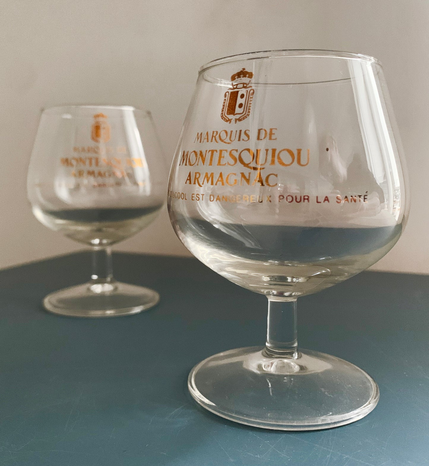 2 x Marque De Montesquiou Armagnac Brandy Small Stemmed Glasses