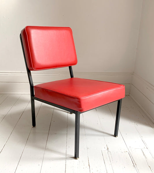 Fabulous Mid Century Red Vinyl Cocktail / Lounge Chair With Brass Feet 1/2