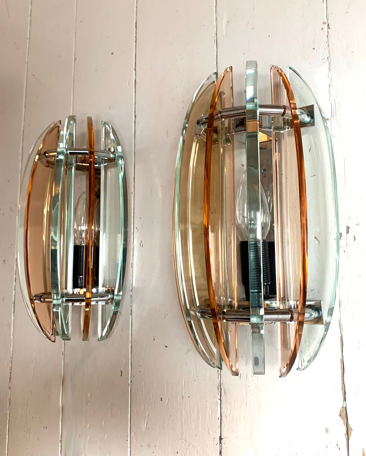 Pair of Vintage 1970s Italian Veca Wall Sconces / Lights Pale Orange & Green