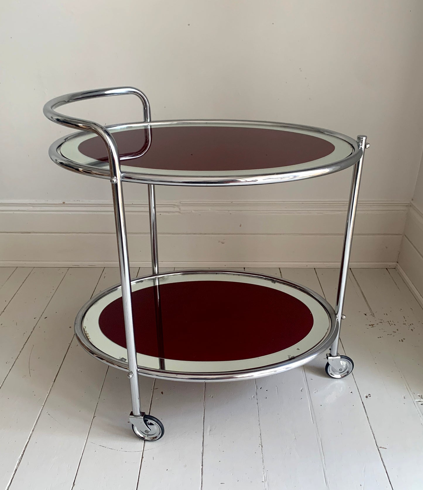Vintage Two Tier 1940s Chrome & Oxblood Cocktail Drinks Trolley Bar Cart, MCM
