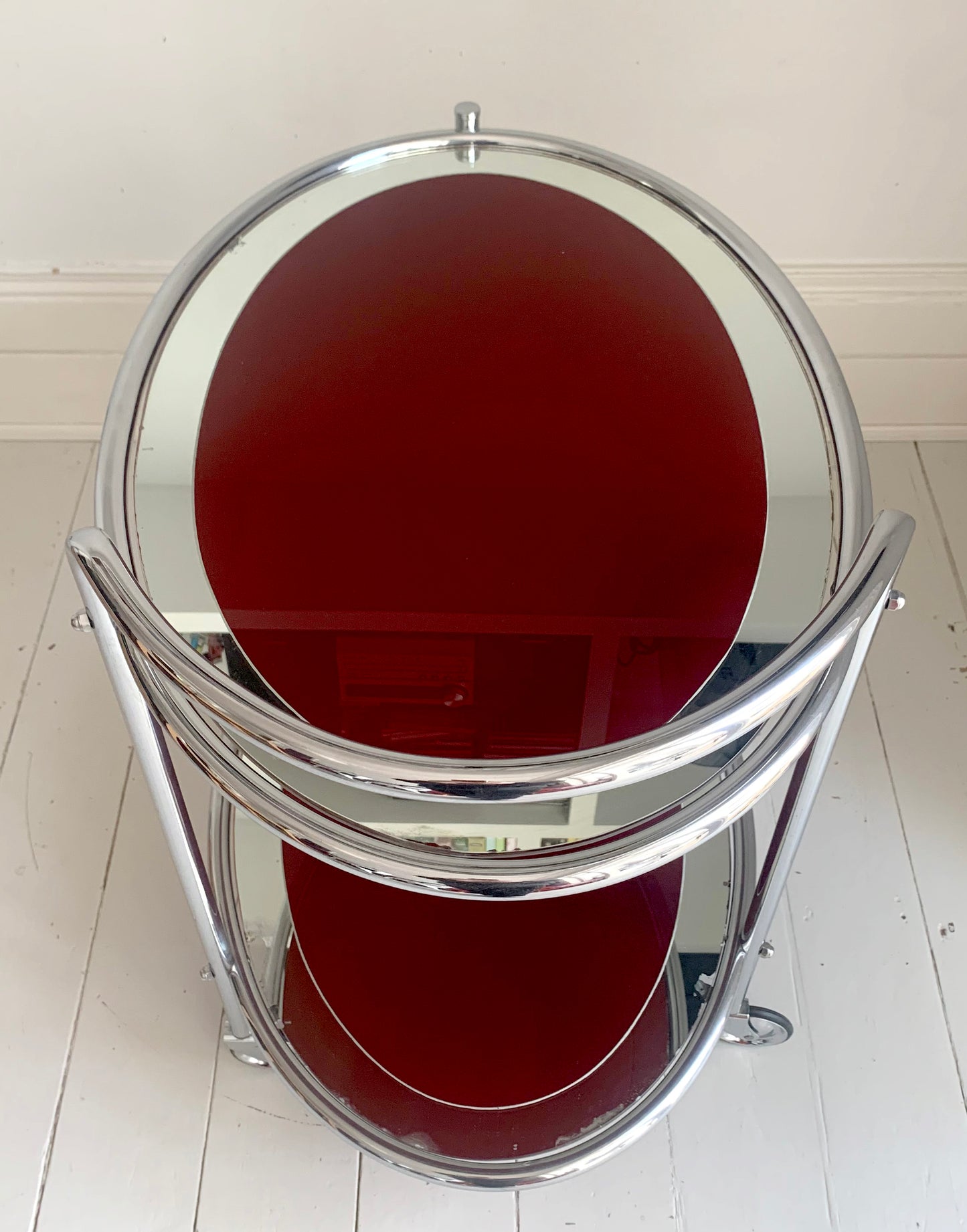 Vintage Two Tier 1940s Chrome & Oxblood Cocktail Drinks Trolley Bar Cart, MCM