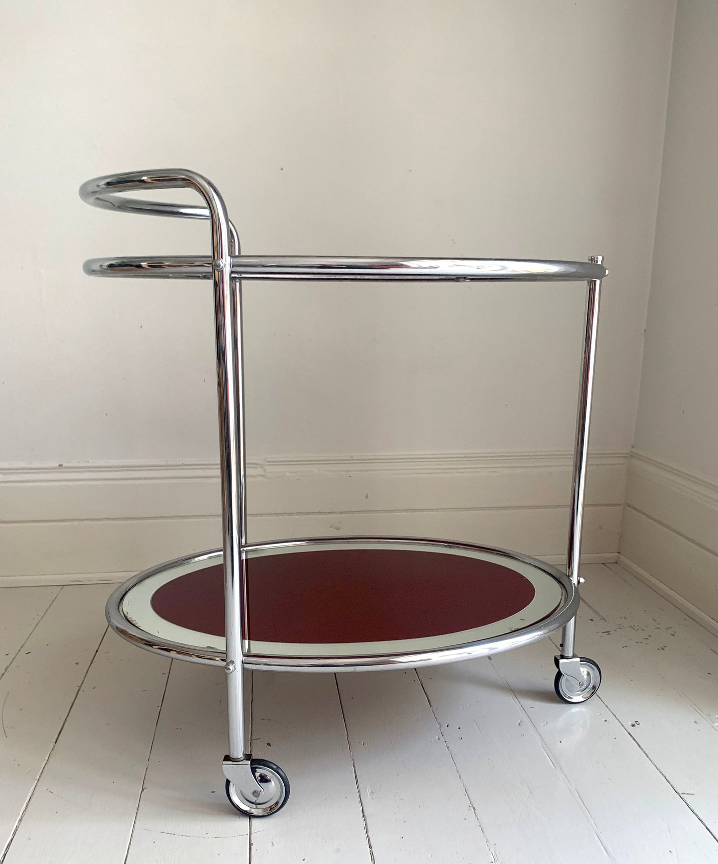Vintage Two Tier 1940s Chrome & Oxblood Cocktail Drinks Trolley Bar Cart, MCM
