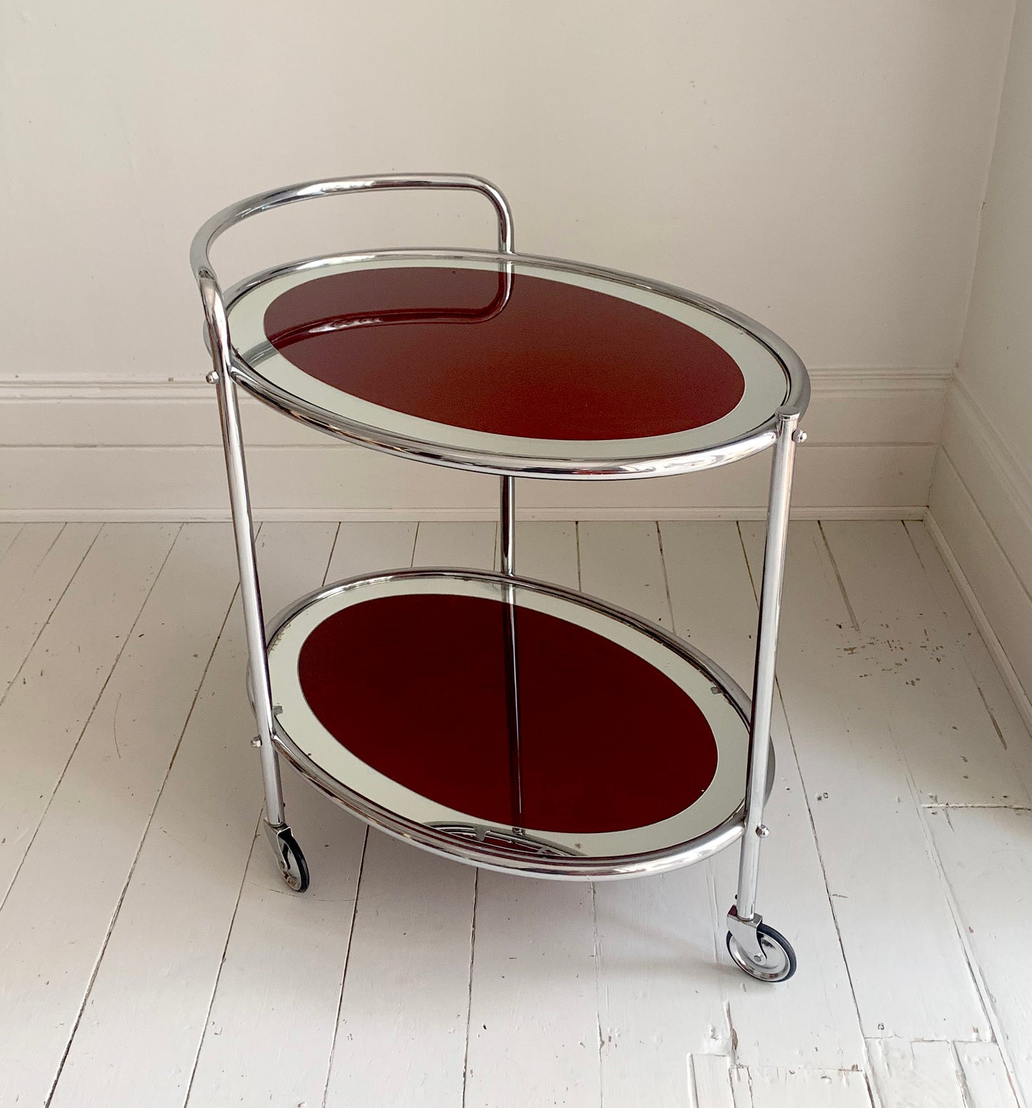 Vintage Two Tier 1940s Chrome & Oxblood Cocktail Drinks Trolley Bar Cart, MCM