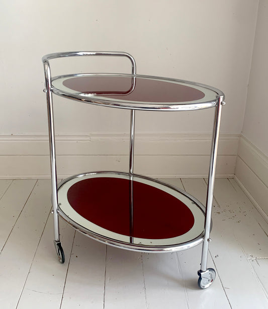Vintage Two Tier 1940s Chrome & Oxblood Cocktail Drinks Trolley Bar Cart, MCM