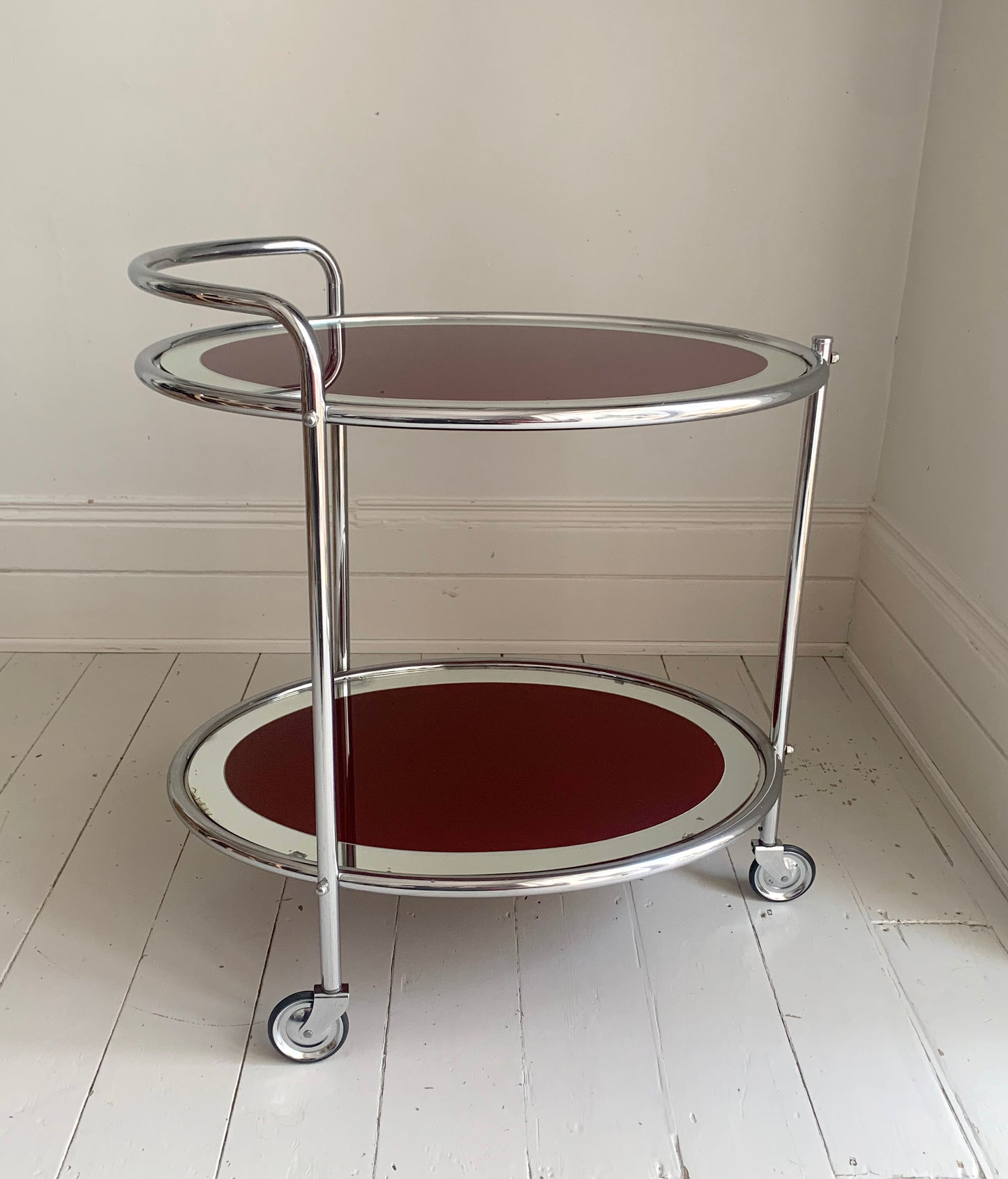 Vintage Two Tier 1940s Chrome & Oxblood Cocktail Drinks Trolley Bar Cart, MCM