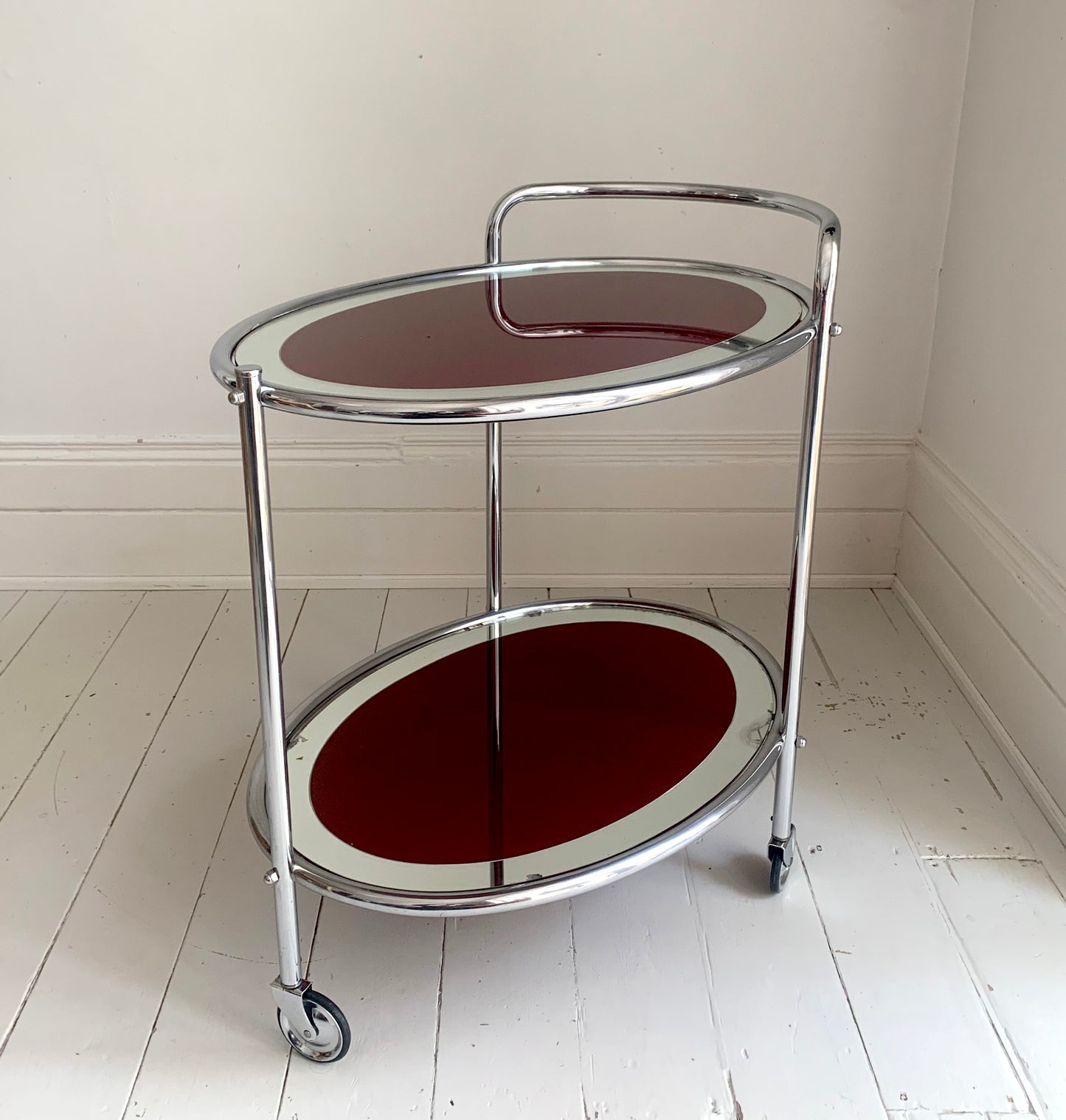 Vintage Two Tier 1940s Chrome & Oxblood Cocktail Drinks Trolley Bar Cart, MCM
