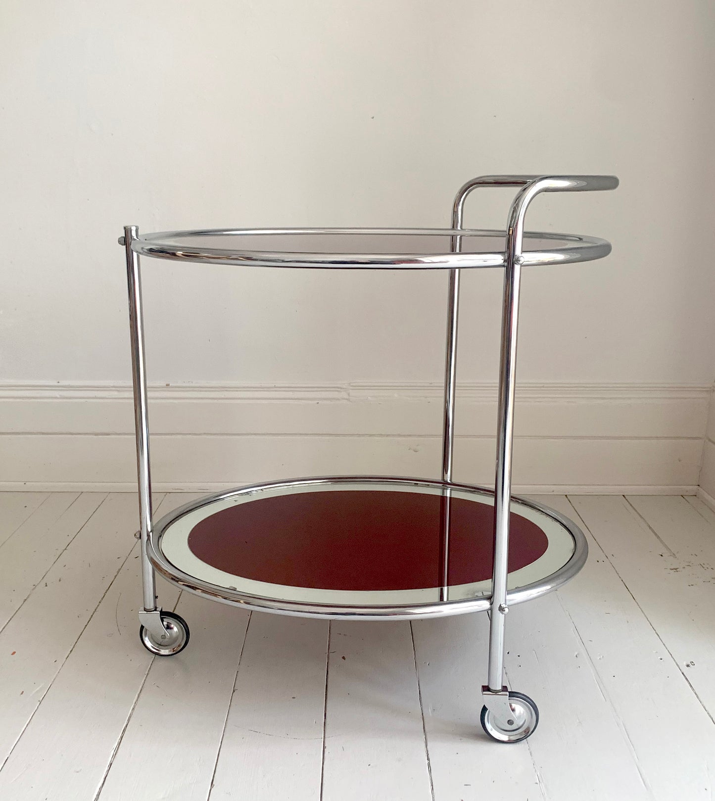 Vintage Two Tier 1940s Chrome & Oxblood Cocktail Drinks Trolley Bar Cart, MCM