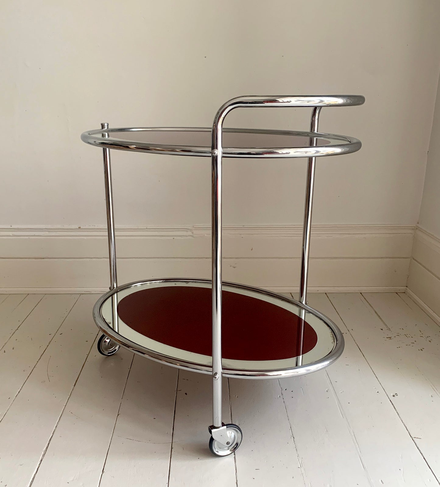 Vintage Two Tier 1940s Chrome & Oxblood Cocktail Drinks Trolley Bar Cart, MCM