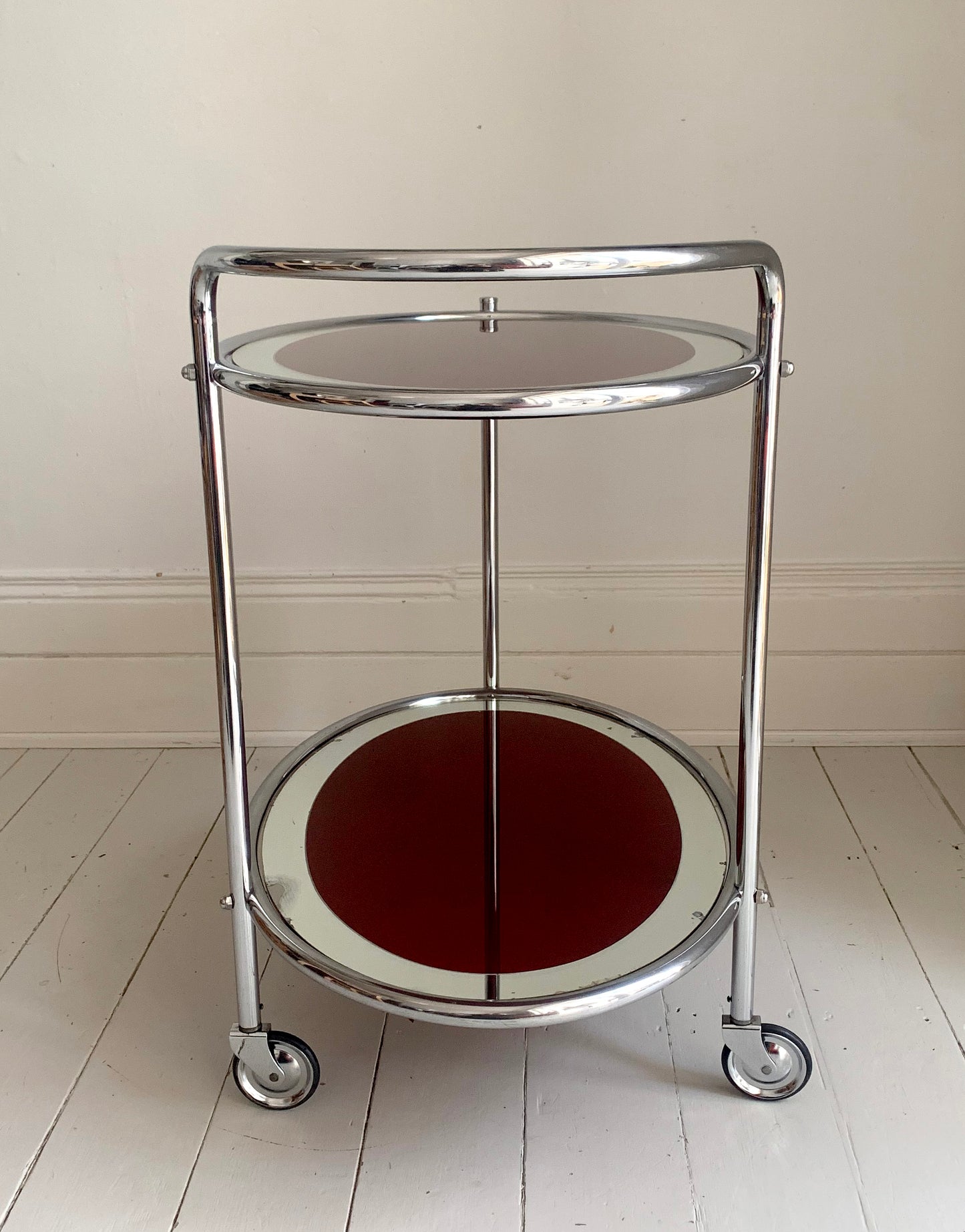 Vintage Two Tier 1940s Chrome & Oxblood Cocktail Drinks Trolley Bar Cart, MCM