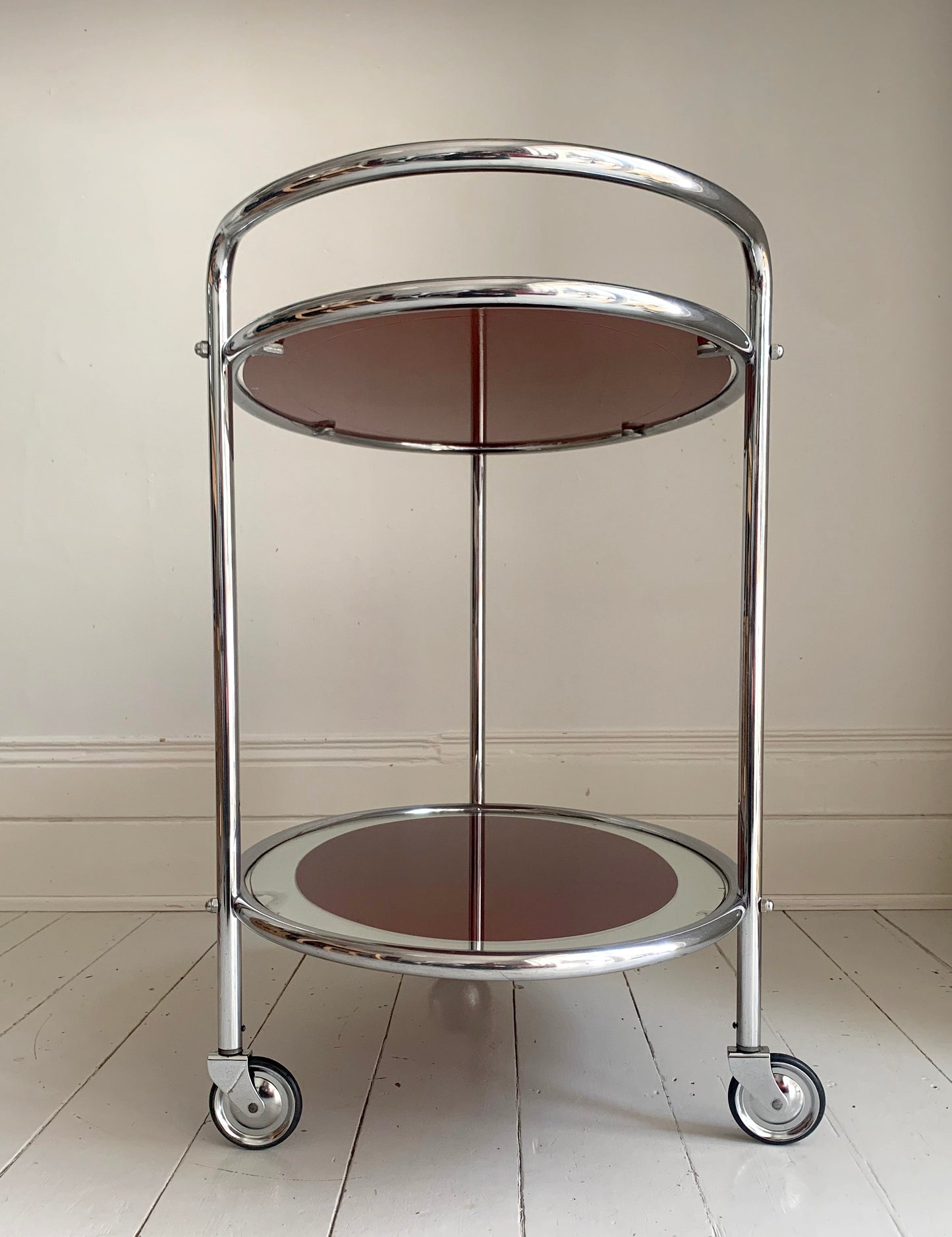 Vintage Two Tier 1940s Chrome & Oxblood Cocktail Drinks Trolley Bar Cart, MCM