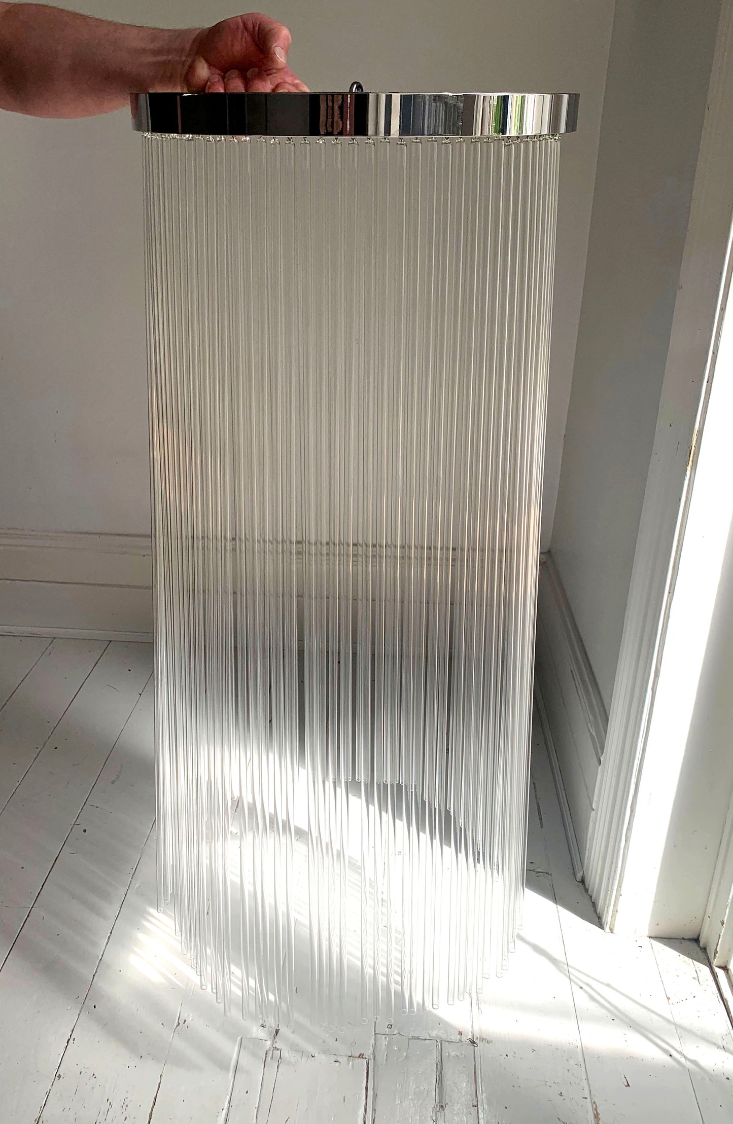 Vintage Mid Century Modern / 1970s Glass Rod & Chrome Light Shade / Chandelier - 95cm deep