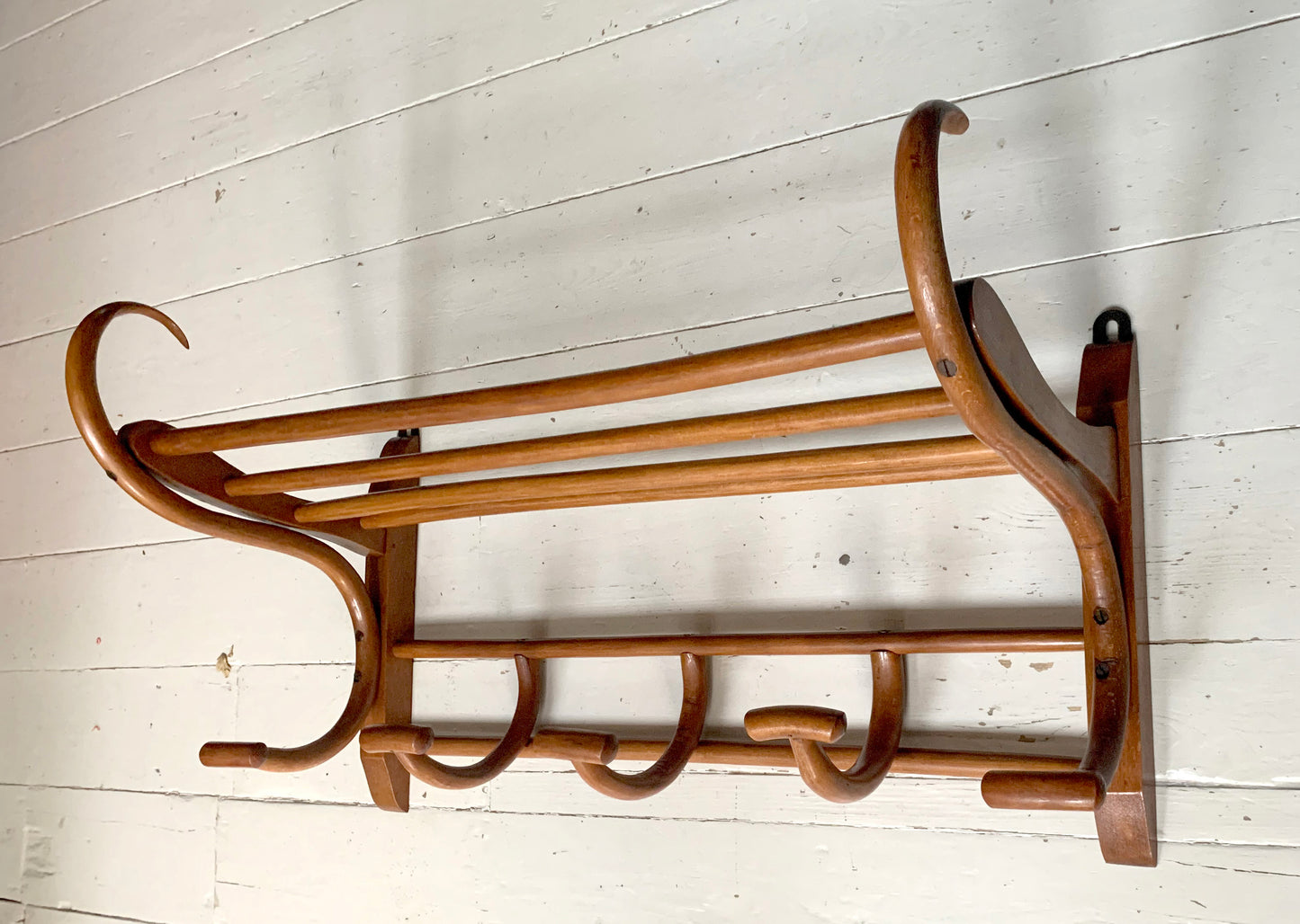Antique Teak Bentwood Wall Mounted Hat & Coat Rack w/ Shelf - 1900s Art Nouveau