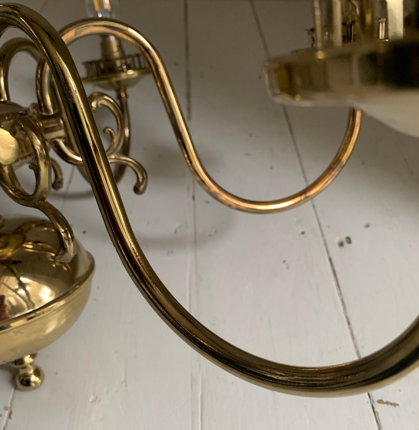 Vintage Flemish Style 6 Arm Brass Plated Chandelier with Scrolling Flourishes