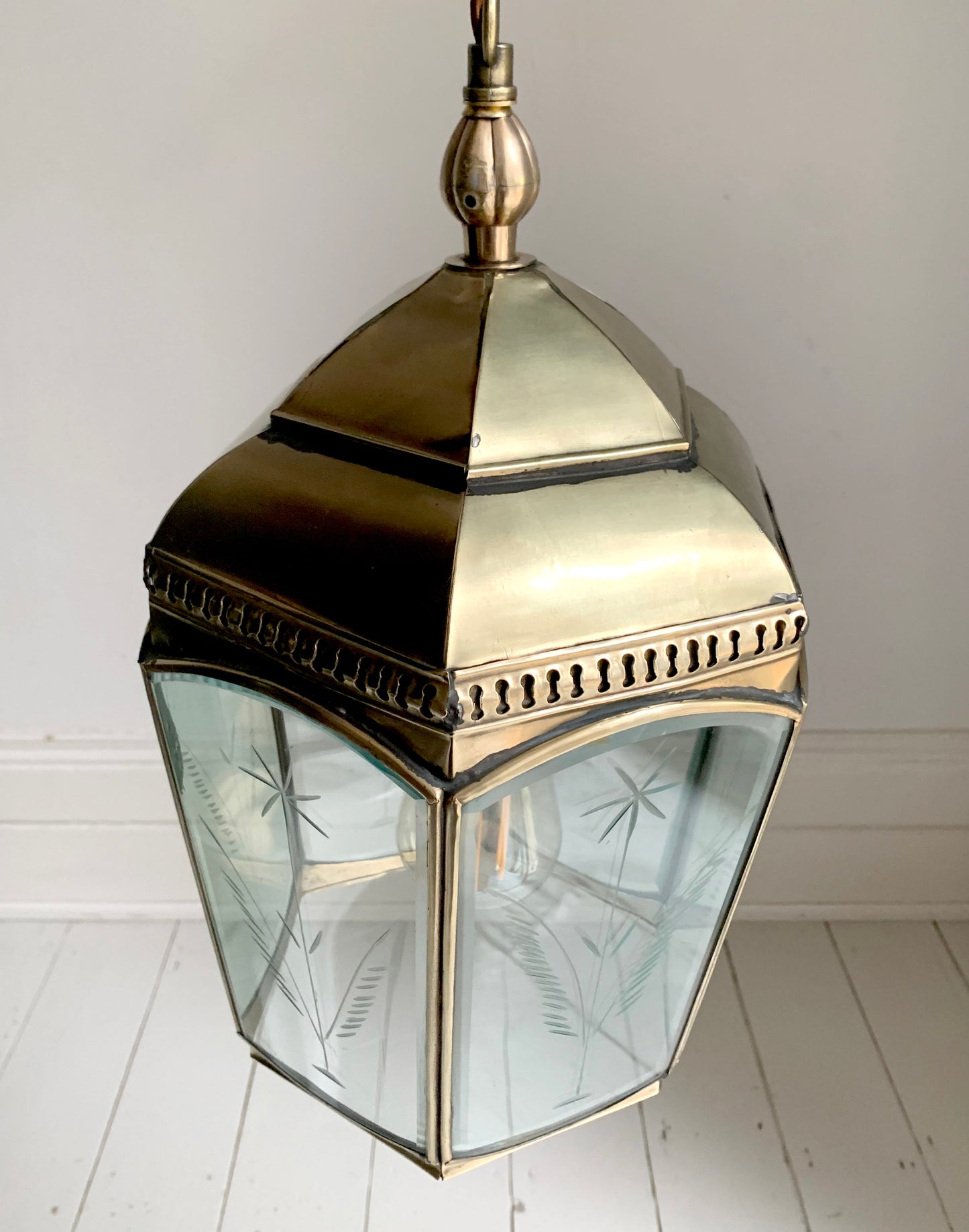 Copper & Brass Chelsea Pendant Lantern / Bevelled & Etched Glass / 35cm Tall